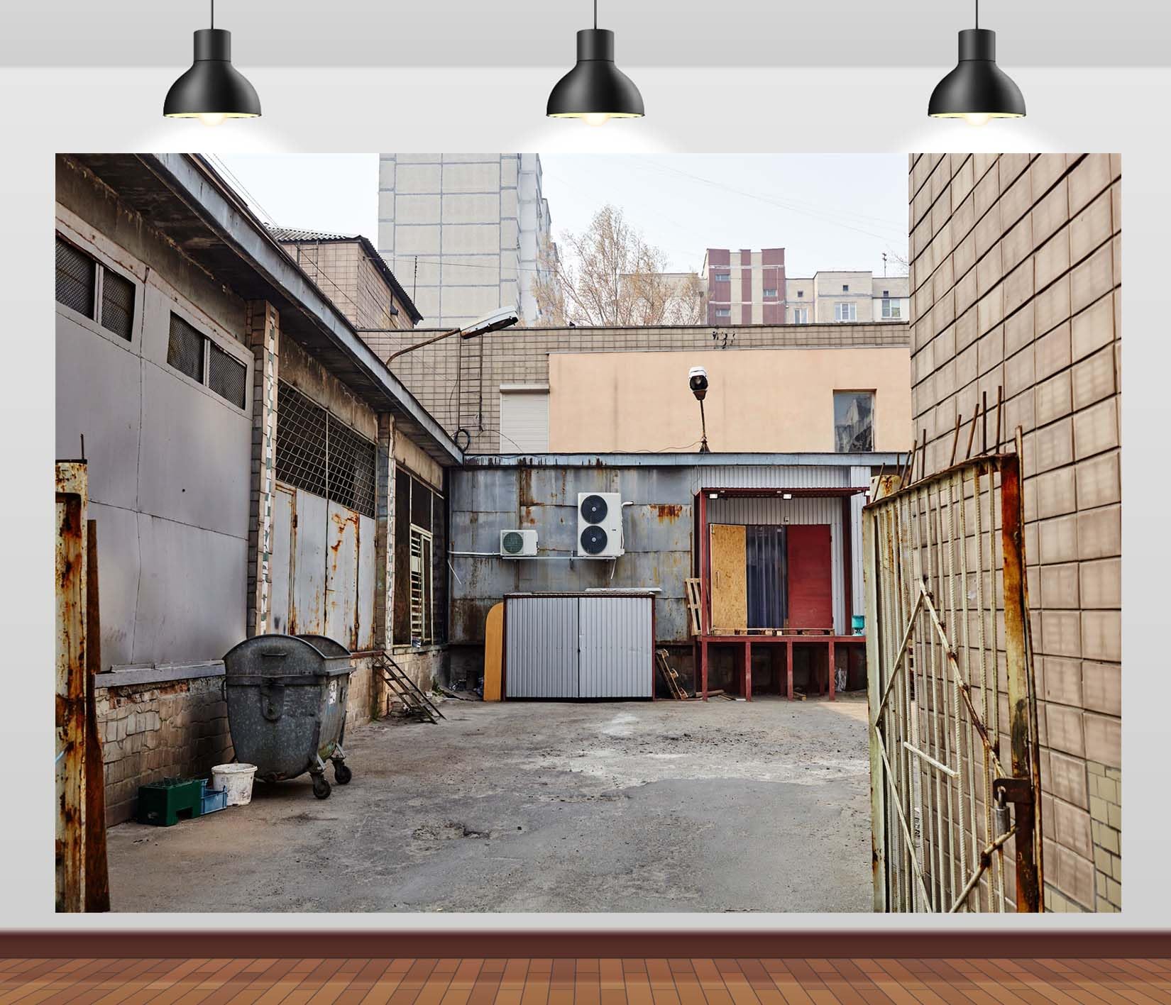 20x10FT (6x3m) Cortile Di Servizio Industriale Sfondo Fotografico | Officina Usurata Nel Retro Cortile Fondale In Tessuto,Cancelli Metallici Impianti,Per Eventi Urbani E Ritratti,Photo Booth
