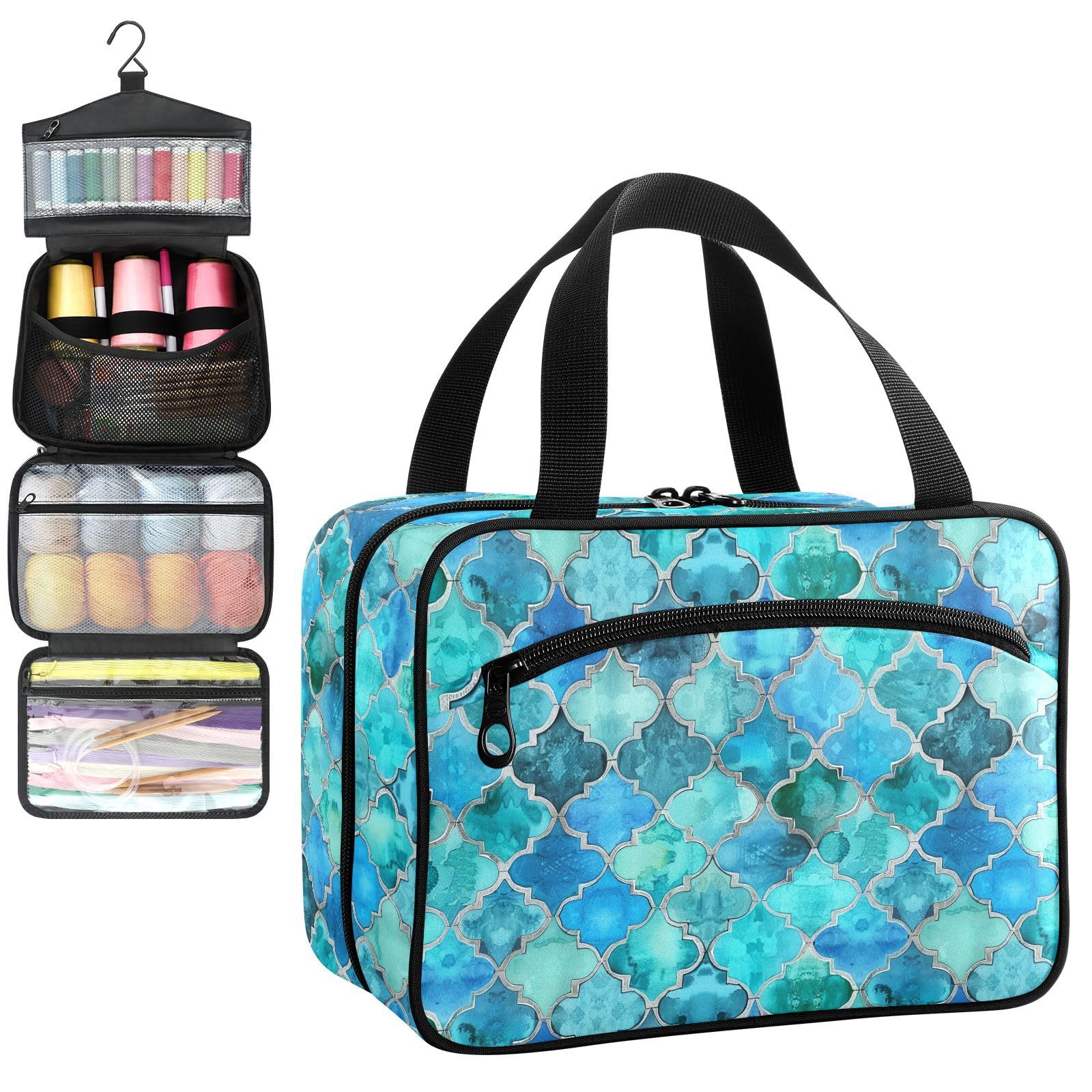 YNNALE Sewing Supply Organizer Bag, Teal Blue Moroccan Tile Pattern Portable Sewing Bags with Pockets&Hanger, Sewing Storage Box Case for Sew Supplies/Kit/Tools/Accessories (BAG ONLY)
