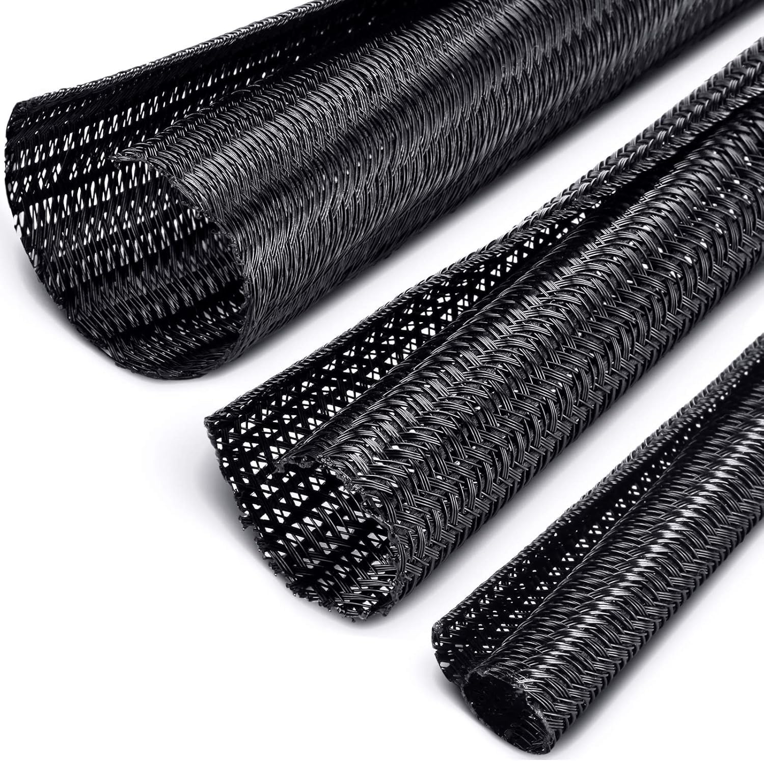 Idrese 10ft 3/5 inch Cord Protector Wire Loom Tubing Cable Sleeve, Braided Cable Sleeve Split Sleeving Cord Management System for TV Computer Home Theater Office, Protect Pet From Chewing Cords –Black