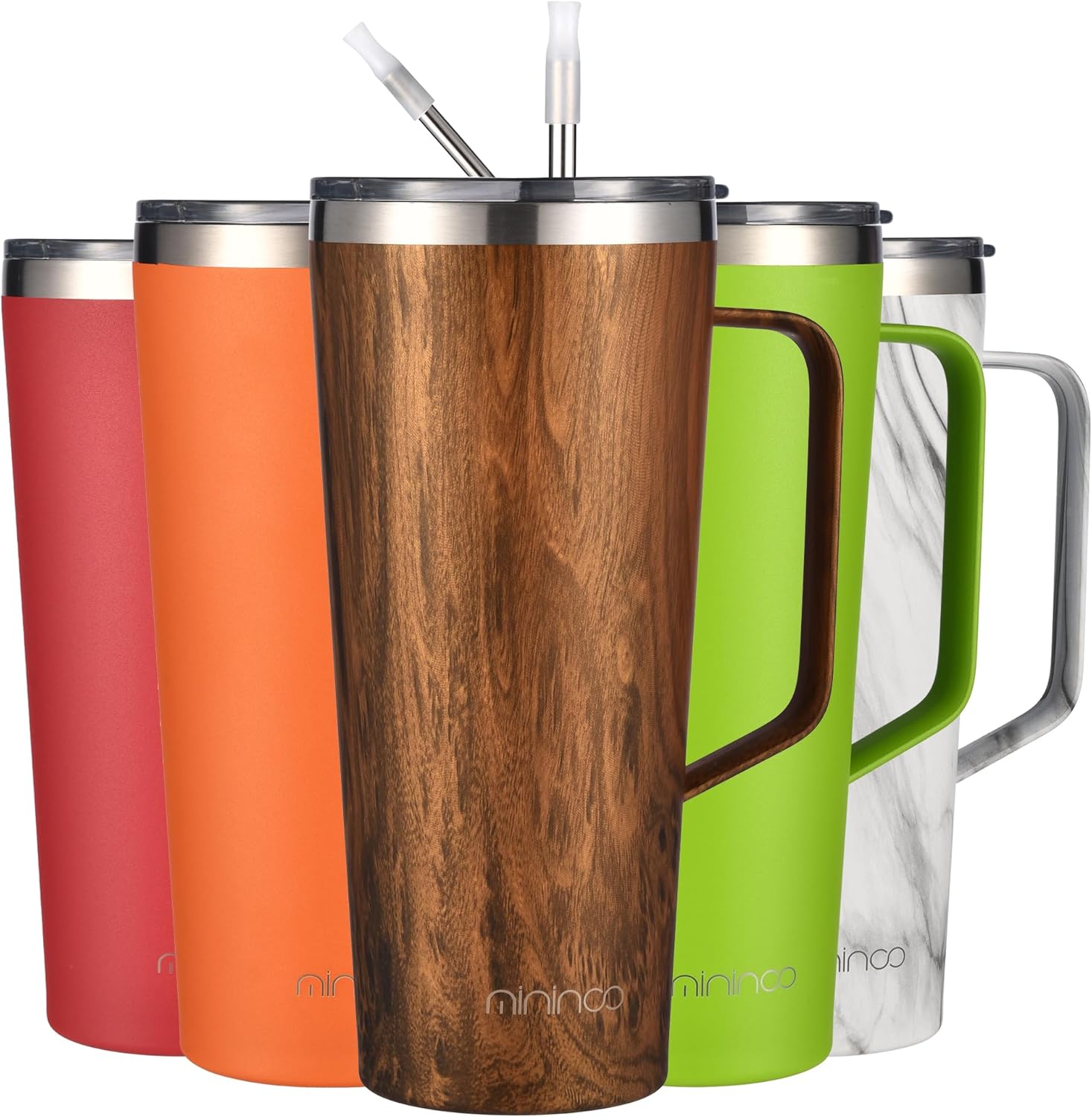 mininoo 30 oz Tumbler with Handle, Insulated Travel Coffee Mug with Lid and Straws, Stainless Steel Coffee Tumbler Leak-proof (Wood) 30 OZ 30 oz Wood