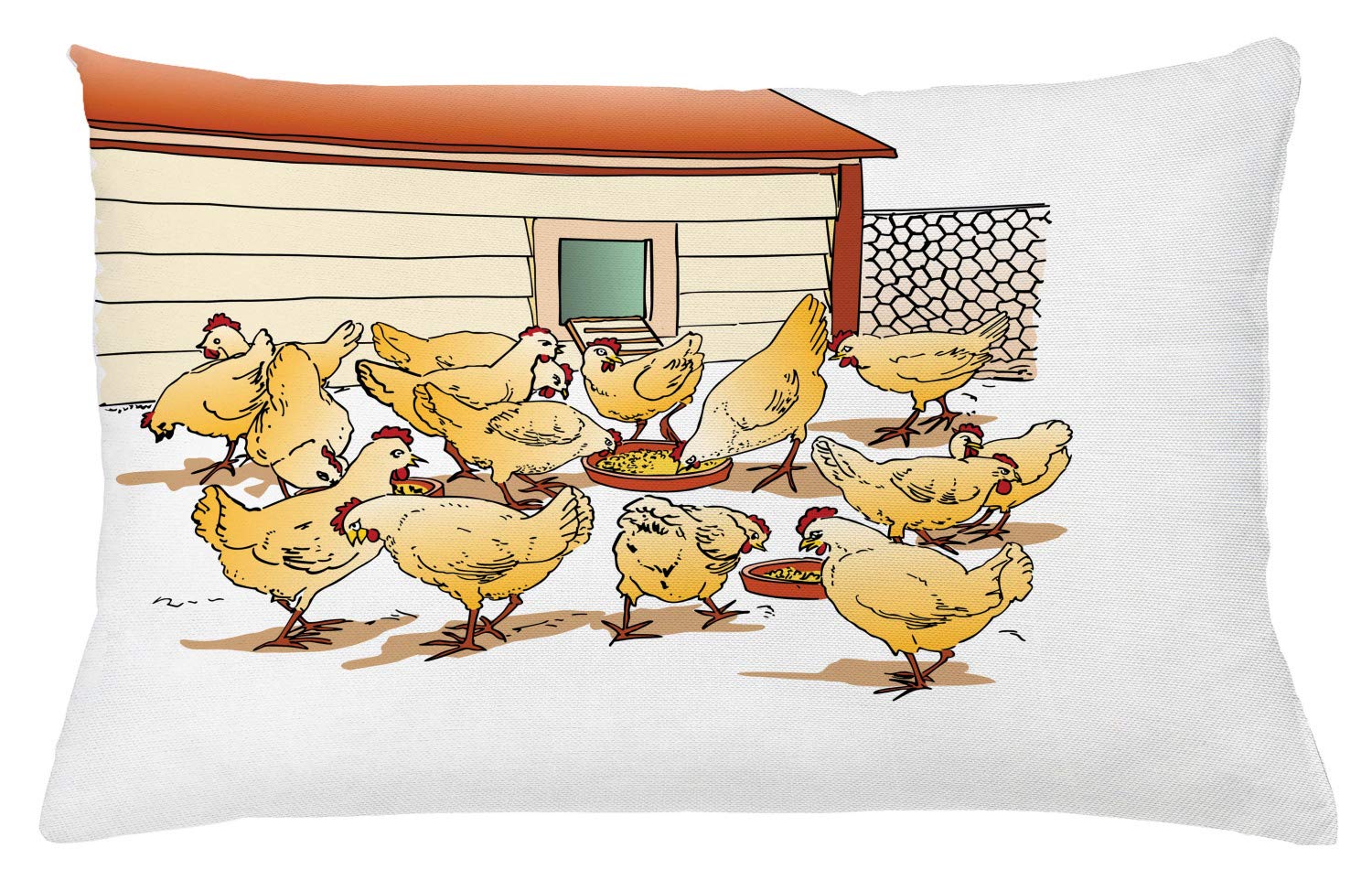 Lunarable Chicken Throw Pillow Cushion Cover, Flock of Hens in a Farm Eating from Food Bowls Colorful Cartoon Style Illustration, Decorative Rectangle Accent Pillow Case, 26