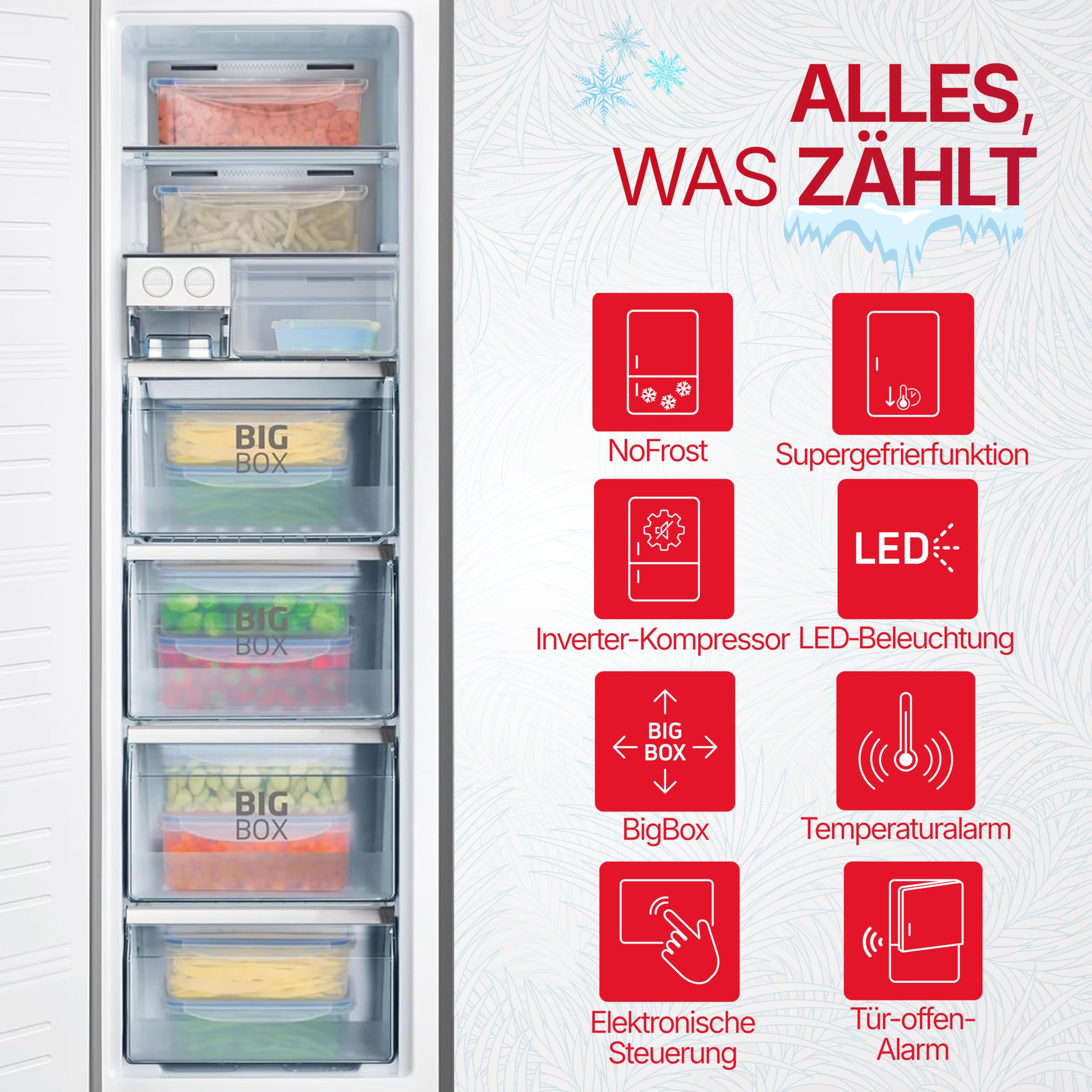 Amica Gefrierschrank freistehend 274 l Total NoFrost Inverter‑Kompressor LED‑Display Supergefrierfunktion 185,5 x 59,5 x 65,1 cm – Gefrierschrank Edelstahloptik