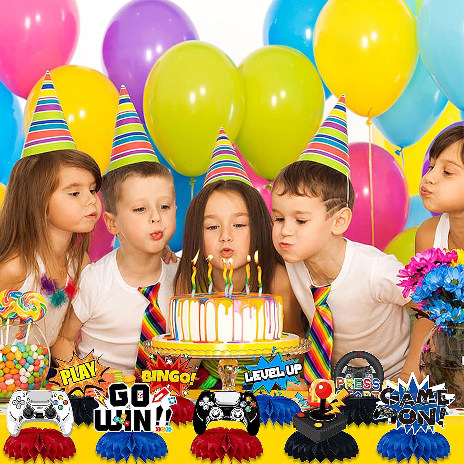 9 PCS Video Game Party Decoration Honeycomb Table Centerpieces Double-Sided Printing for Baby Shower Boys Girls Birthday Party Supplies