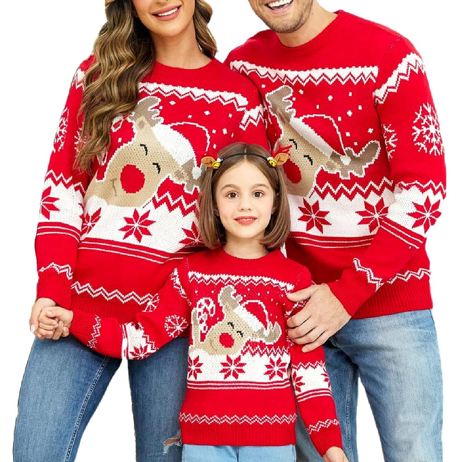 Maglione natalizio abbinato con renna e fiocchi di neve con stampa brutto maglione a maniche lunghe