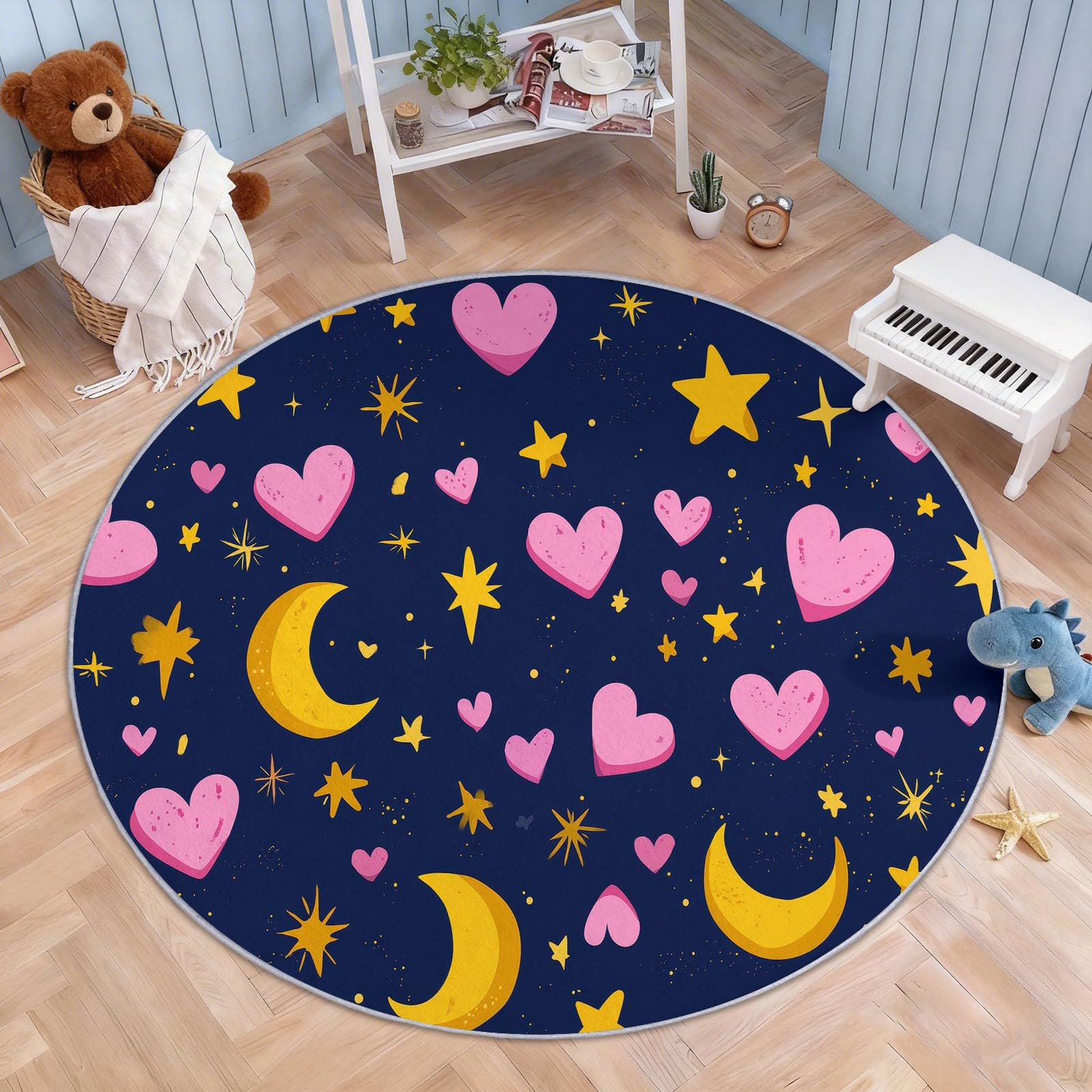 Générique Tapis Rond Salon Espace Cœur Lune, Tapis à Poils Courts de Sol Lavable Décoration Antidérapant pour Chambre Bébé Chambre Fille Chambre 100 cm, Dessin Animé