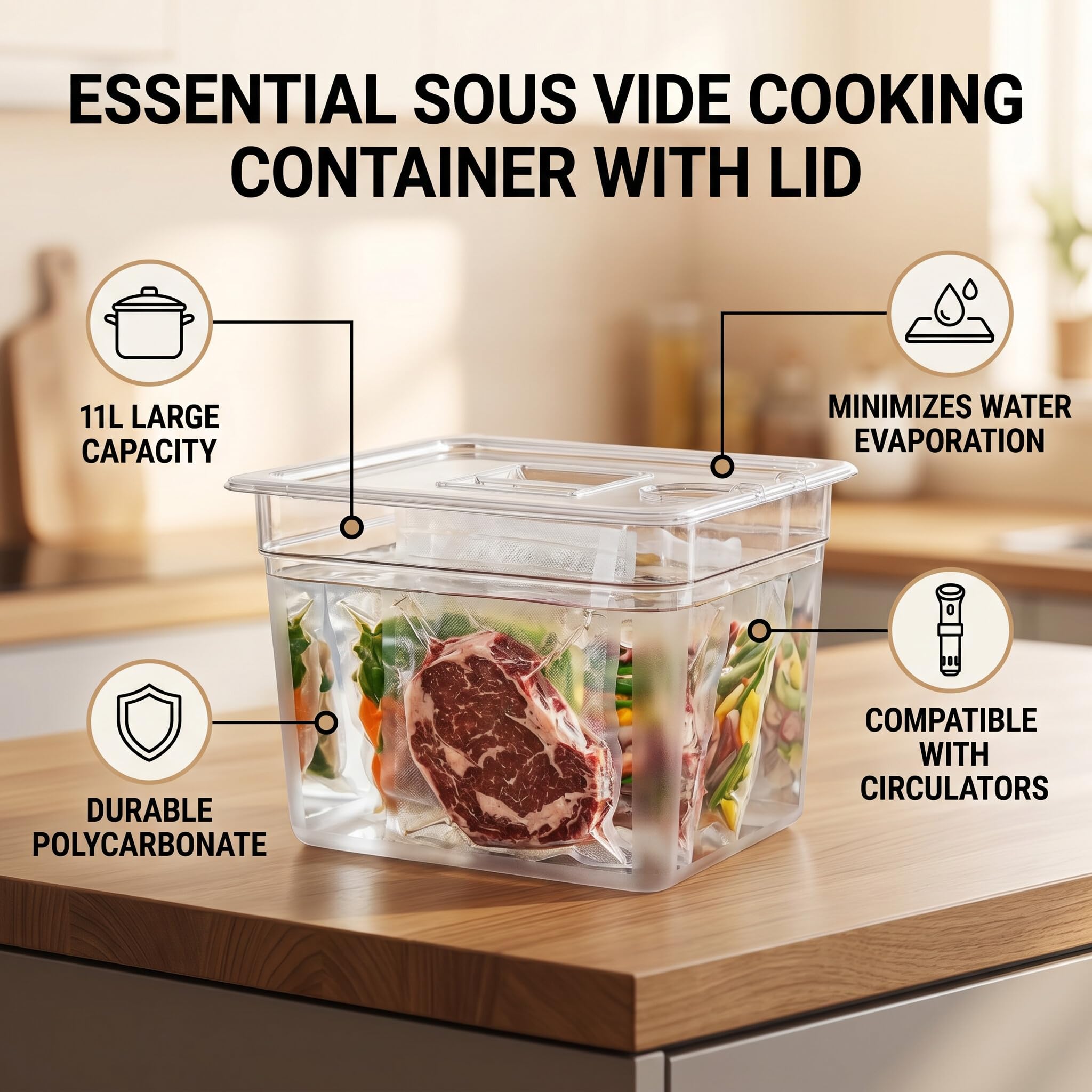 Contenedor Sous Vide de 11 Litros, Tanque de Baño de Agua Sous Vide con Tapa, Contenedor de Alimentos Adecuado para la Mayoría de Cocinas Sous Vide, Accesorios Sous Vide