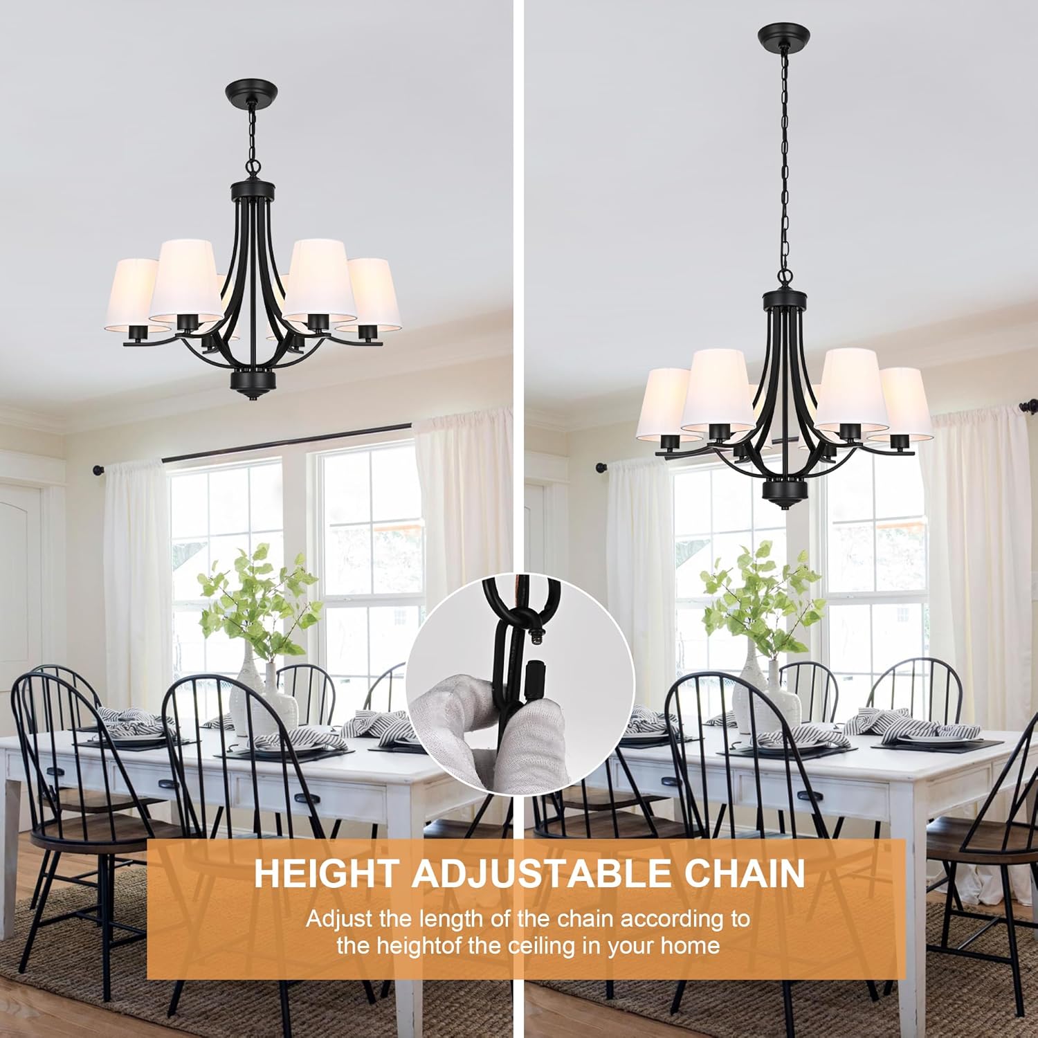 VINLUZ Farmhouse Chandeliers 6 Light Black Contemporary Pendant Lighting Rustic Dining Room Lighting Fixtures Hanging with White Fabric Shade, Flush Mount Ceiling Light for Bedroom Foyer