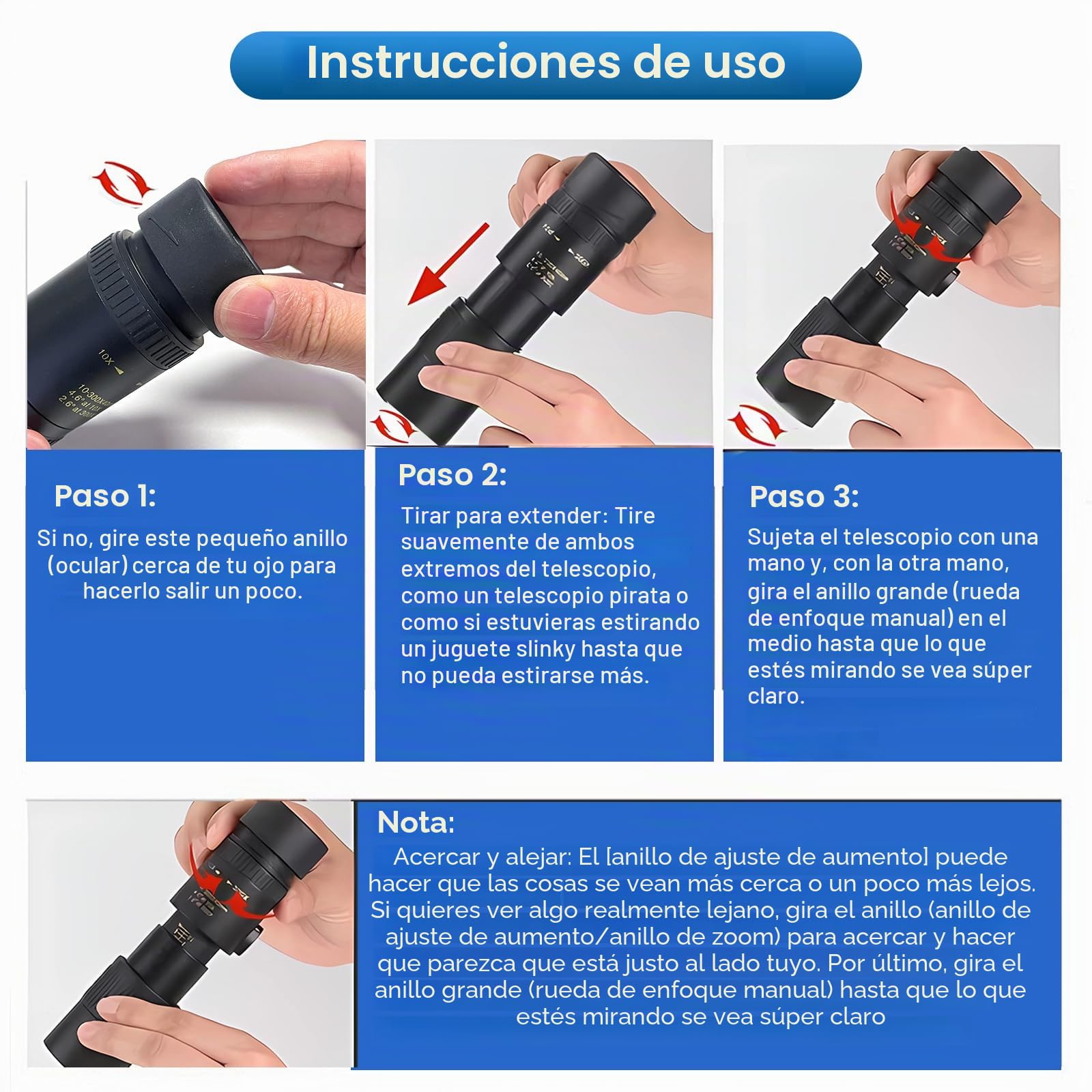 Monoculares de 10-300 x 40 para adultos de alta potencia, telescopio monocular con zoom con lente BAK4 y FMC para conciertos, observación de aves, observación de estrellas (adaptador de smartphone y