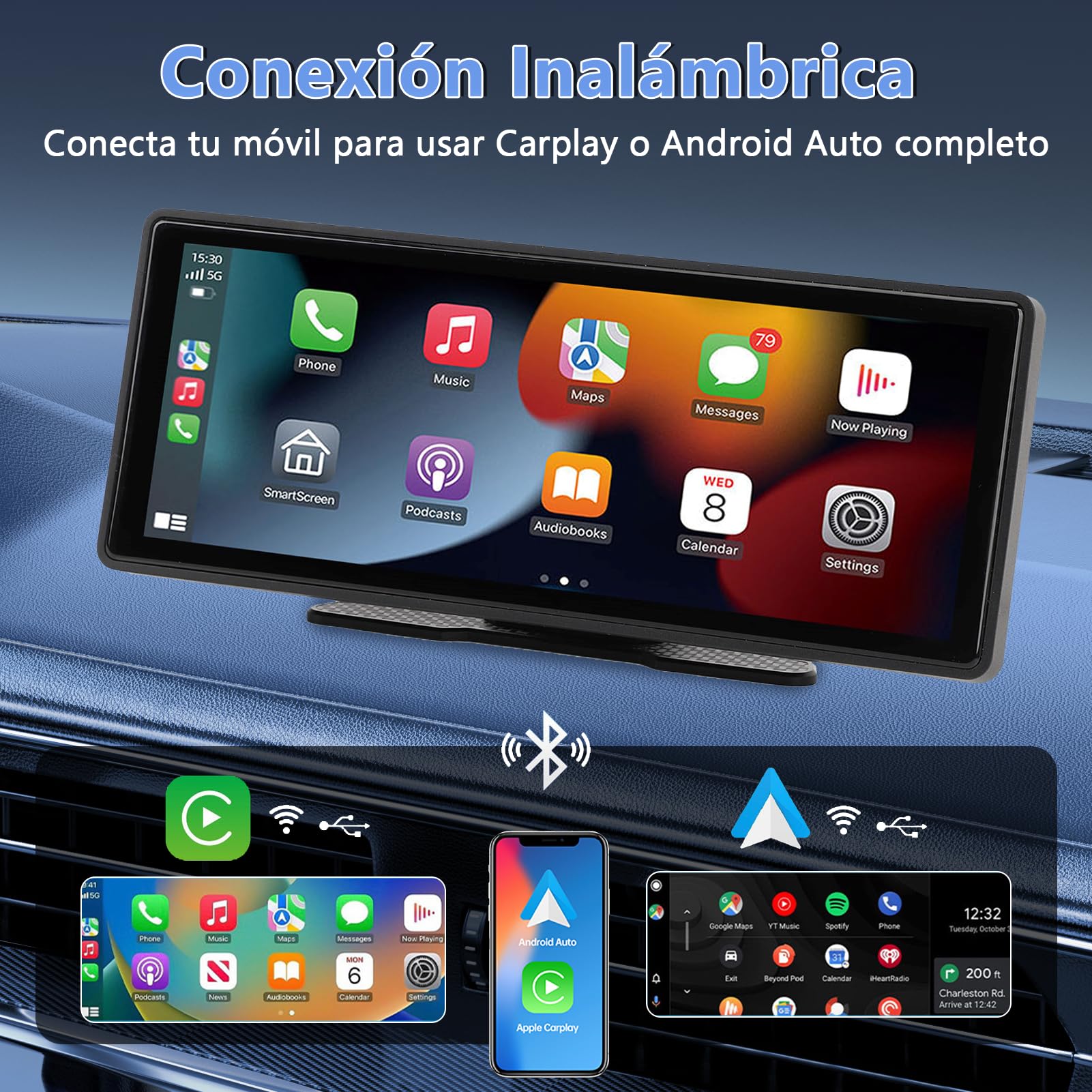 Pantalla Táctil Coche 10.26 Pulgadas, Navegación GPS, Estéreo para Automóvil Compatible con CarPlay, Android Auto, Bluetooth, Control por Voz, GPS, AUX y FM