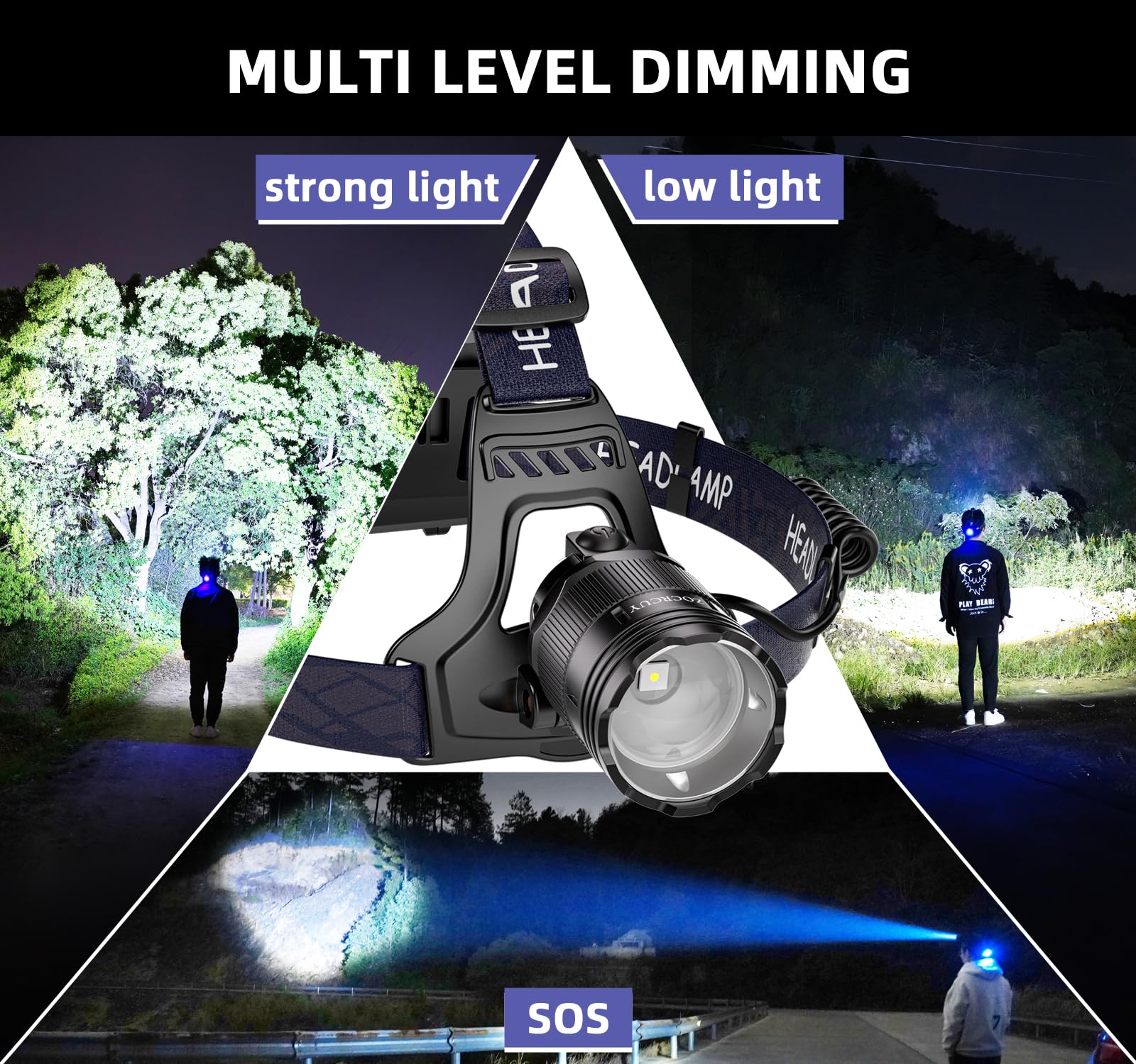 Torcia frontale ricaricabile ad alta luminosità a LED super luminosa, regolabile a 90° per fronte, con 3 modalità, impermeabile, ad alta potenza, per adulti, campeggio, pesca, caccia, escursionismo