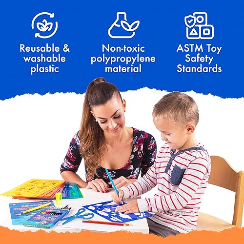 Miniatura 6 de Kit de plantillas de dibujo para niños, juego de arte de 51 piezas con más de 240 formas, bloc de bocetos y lápices de colores para manualidades y