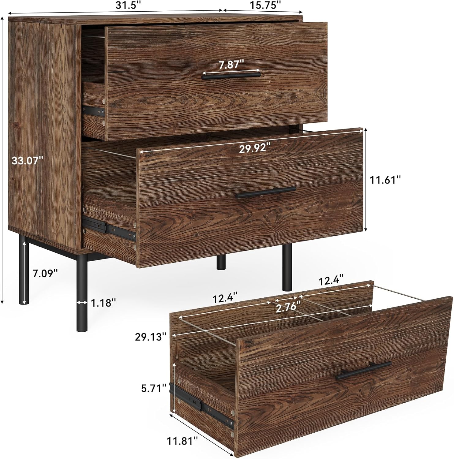 31.5" Solid Wood Vertical File Cabinet with 2 Drawers, Farmhouse Large Tall Filing Cabinet for Home Office, Adjustable Removable Hanging Bars for Letter, Legal Size, Printer Stand