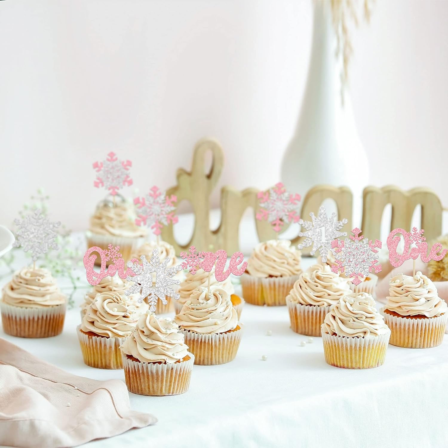 Gyufise 24Pcs Double Layer Snowflake One Cupcake Toppers Pink Glitter Winter First Birthday Decorations for Winter Onederland 1st Birthday Girl Wonderland Decorations Supplies - Image 4