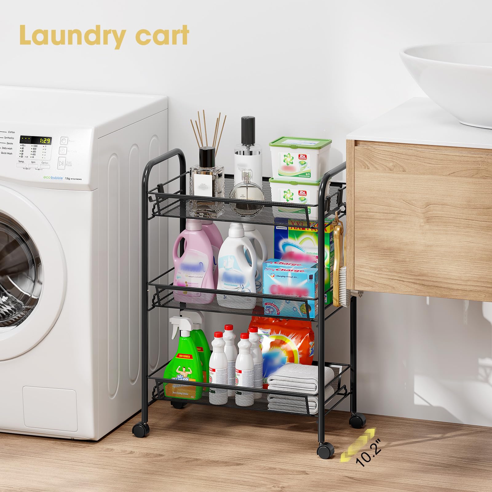 TOOLF Carrito rodante de metal de 3 niveles, alambre de malla fácil de montar, carrito de almacenamiento con ruedas con 3 ganchos, estantería de almacenamiento con ruedas para cocina, baño, lavandería