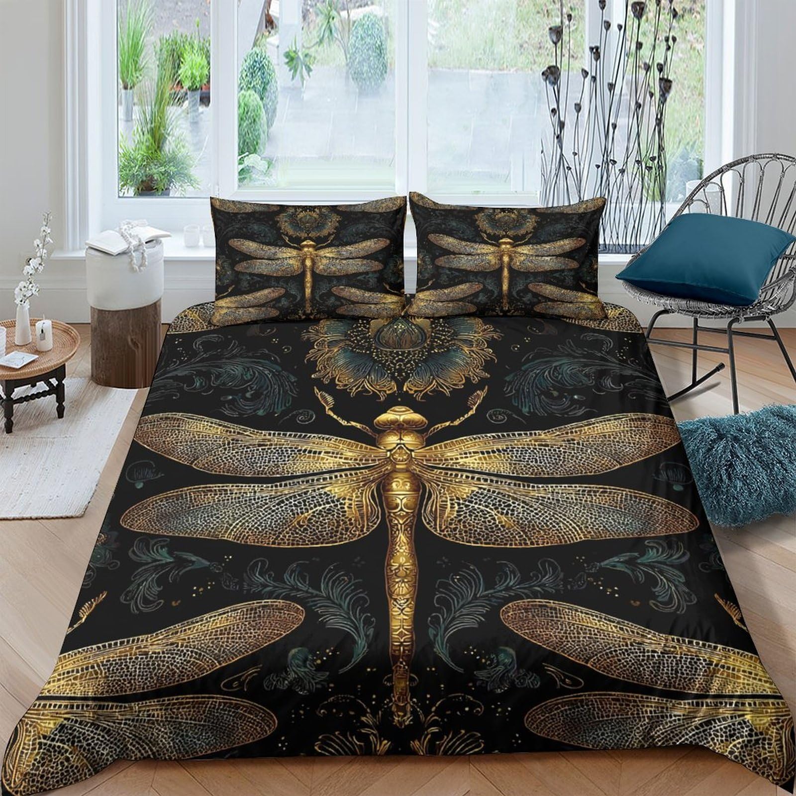 Ctjqhvkz Style-6 3D Printed Golden Dragonfly Fitted Sheet Microfiber Black Art Mattress Cover For Bedroom Home Decor Single（135X200cm）