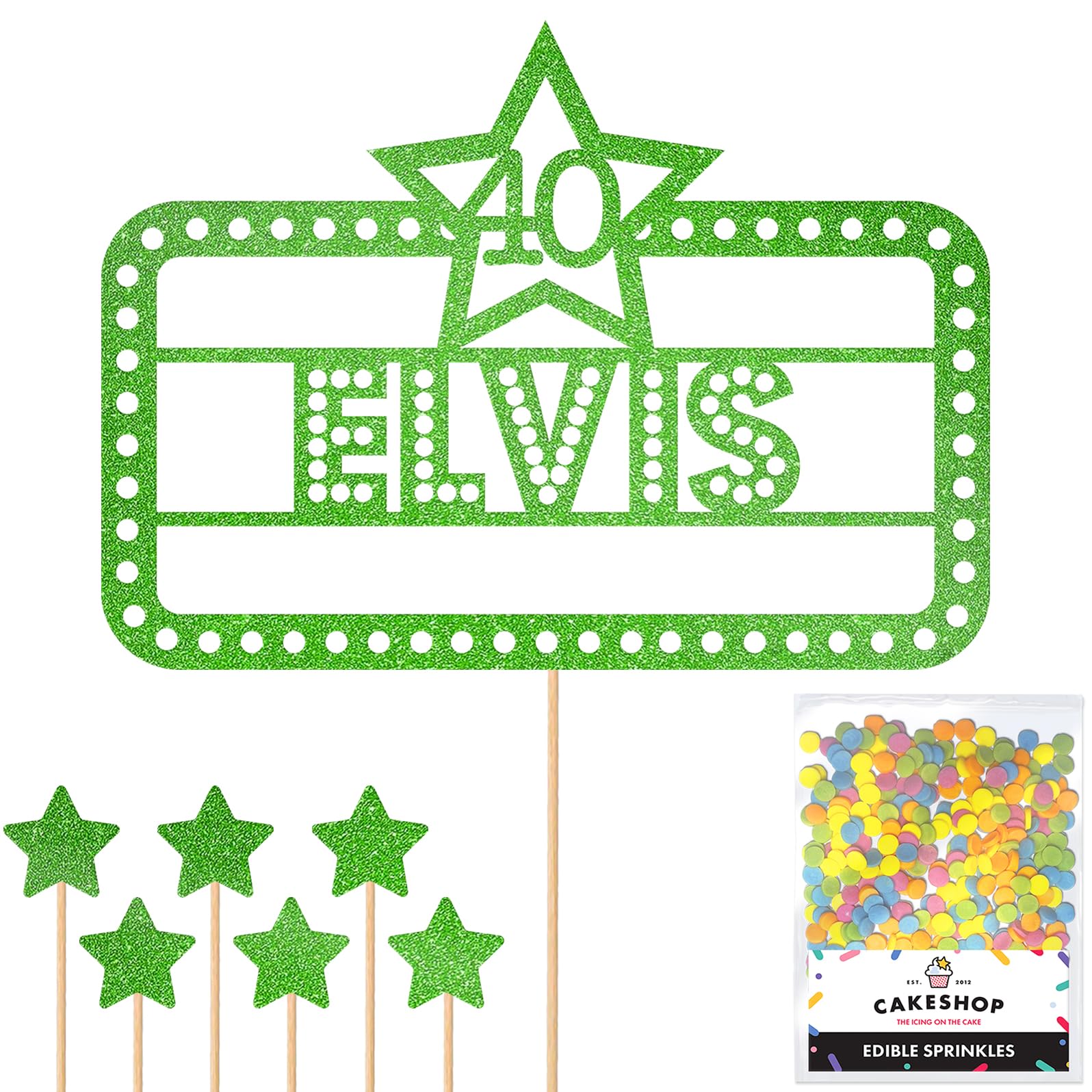 Personalised Happy Birthday Glitter Cake Topper - Green Any Name & Age in Lights Glitter Cake Decoration and Sprinkles - Happy Birthday Decorations - Personalised Toppers for Cakes by Cakeshop