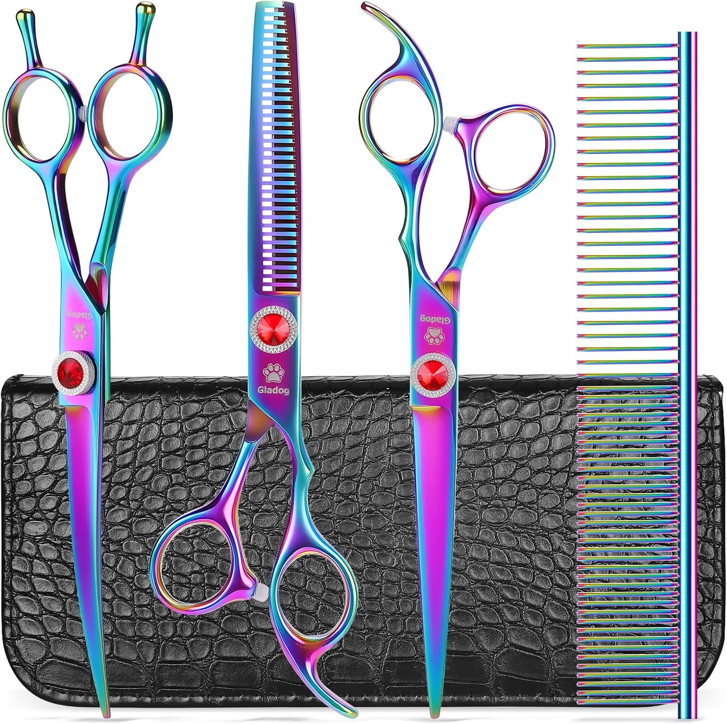 GLADOG 7 Inch Professional Dog Grooming Scissors Kit, 5-in-1 Titanium Coated Pet Grooming Shears Set, Heavy Duty Grooming Scissors for Dogs (Pro Black)