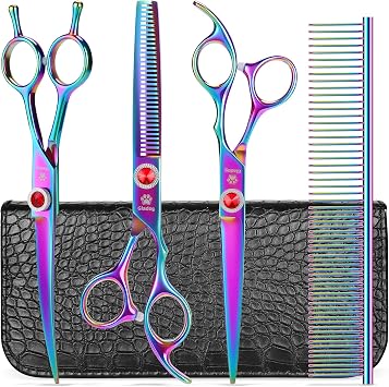 GLADOG 7 Inch Professional Dog Grooming Scissors Kit, 5-in-1 Titanium Coated Pet Grooming Shears Set, Heavy Duty Grooming Scissors for Dogs Pro Rainbow