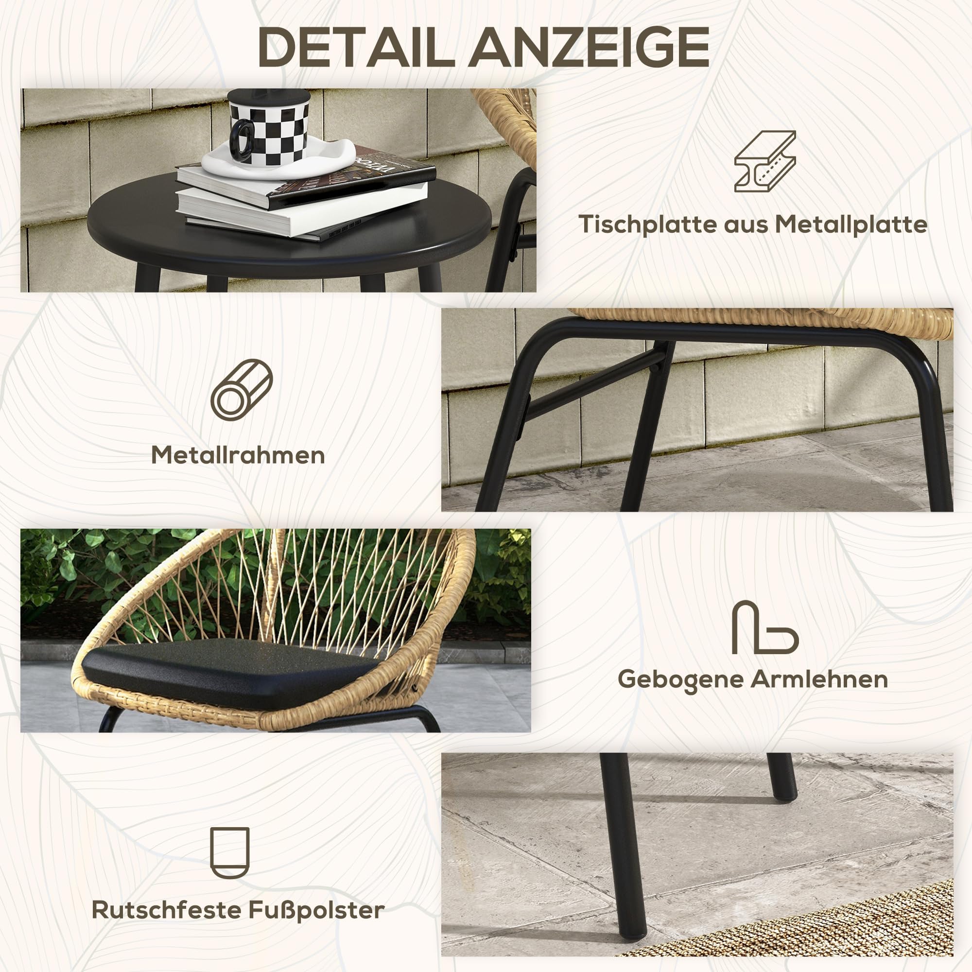 Outsunny 3-TLG. Rattan Gartenmöbel-Set, Balkonmöbel-Set mit Couchtisch Gelb | 2 Stühlen, Sitzgarnitur mit Kissen, Gartensitzgruppe für Balkon, Terrasse, Polyester, Outdoor