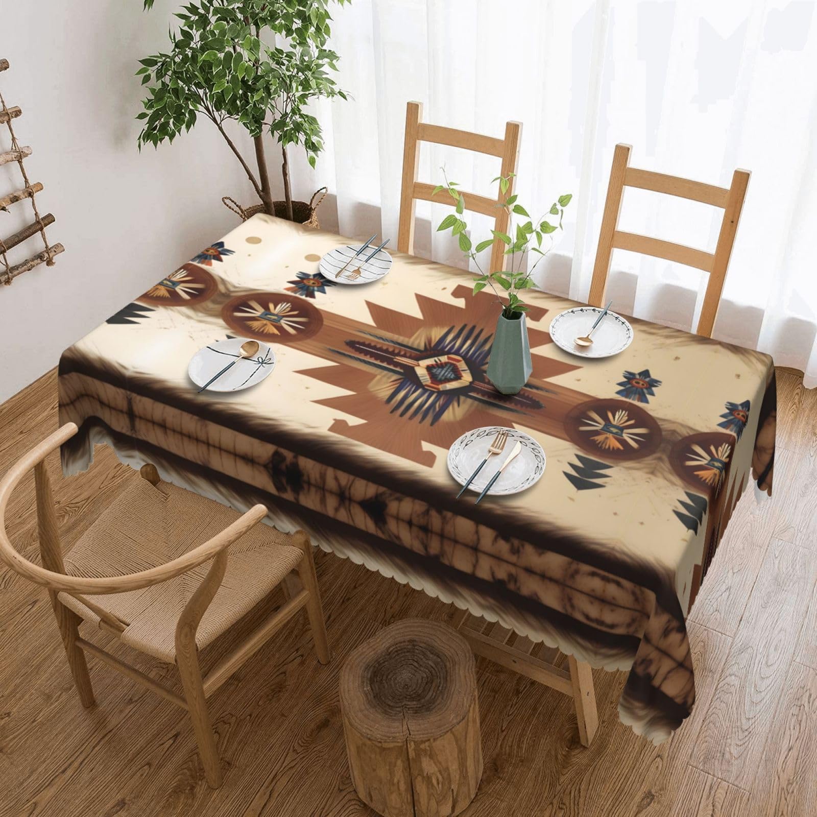 QAZWZML Native American Patterns Printed tablecloth, made of thick polyester with lace trim, suitable for dining rooms, picnics, and weddings