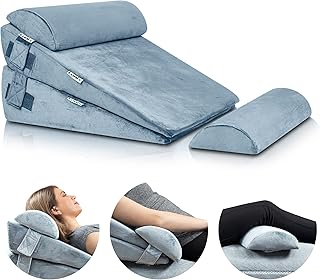 Lunix LX8 Adjustable 4pcs Orthopedic Bed Wedge Pillow Set, Post Surgery 100% Memory Foam for Back, Neck, Leg Pain Relief, Sitting Pillow for Acid Reflux and GERD, Comfortable Pillows for Sleeping Gray