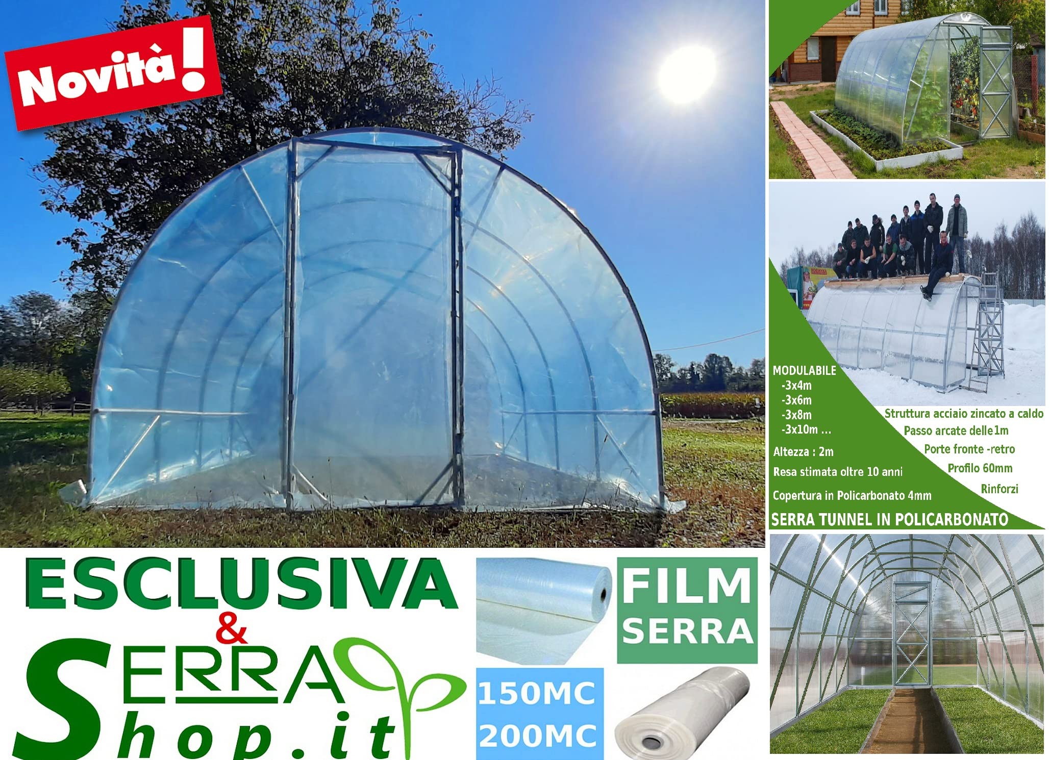 Invernadero Tunnel 3 x 8 m con lona PVC 150 MC Made in Italy con puerta frontal huerto jardín plantas vivero invernaderos botánicos
