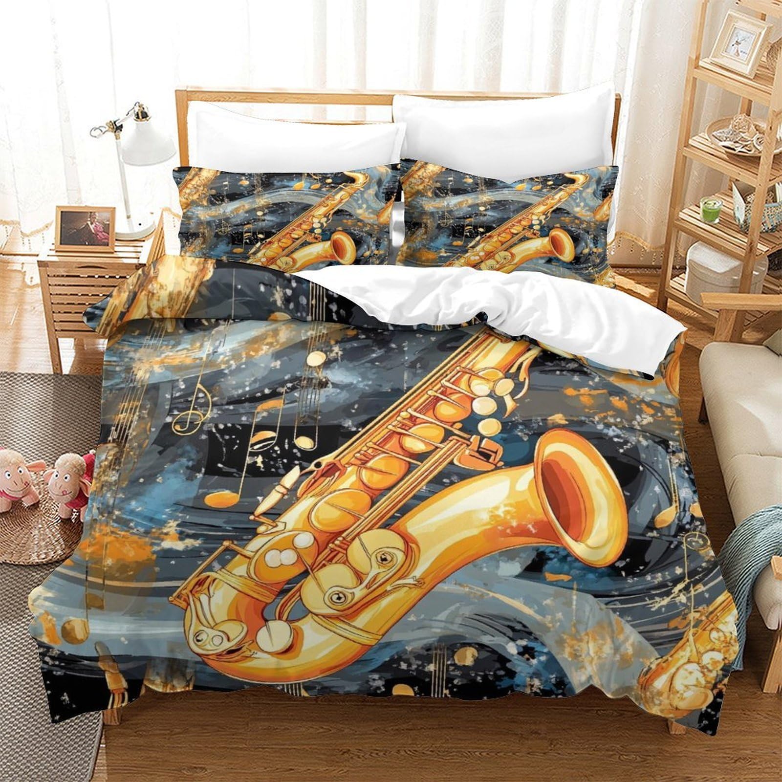 Arte del sassofono Impressione 3D 3 pz fodera per edredone Stile di illustrazione della musica jazz coperteletto microfibra ipoallergenica zip per bambini adolescenti adulti Super king（260x220cm）