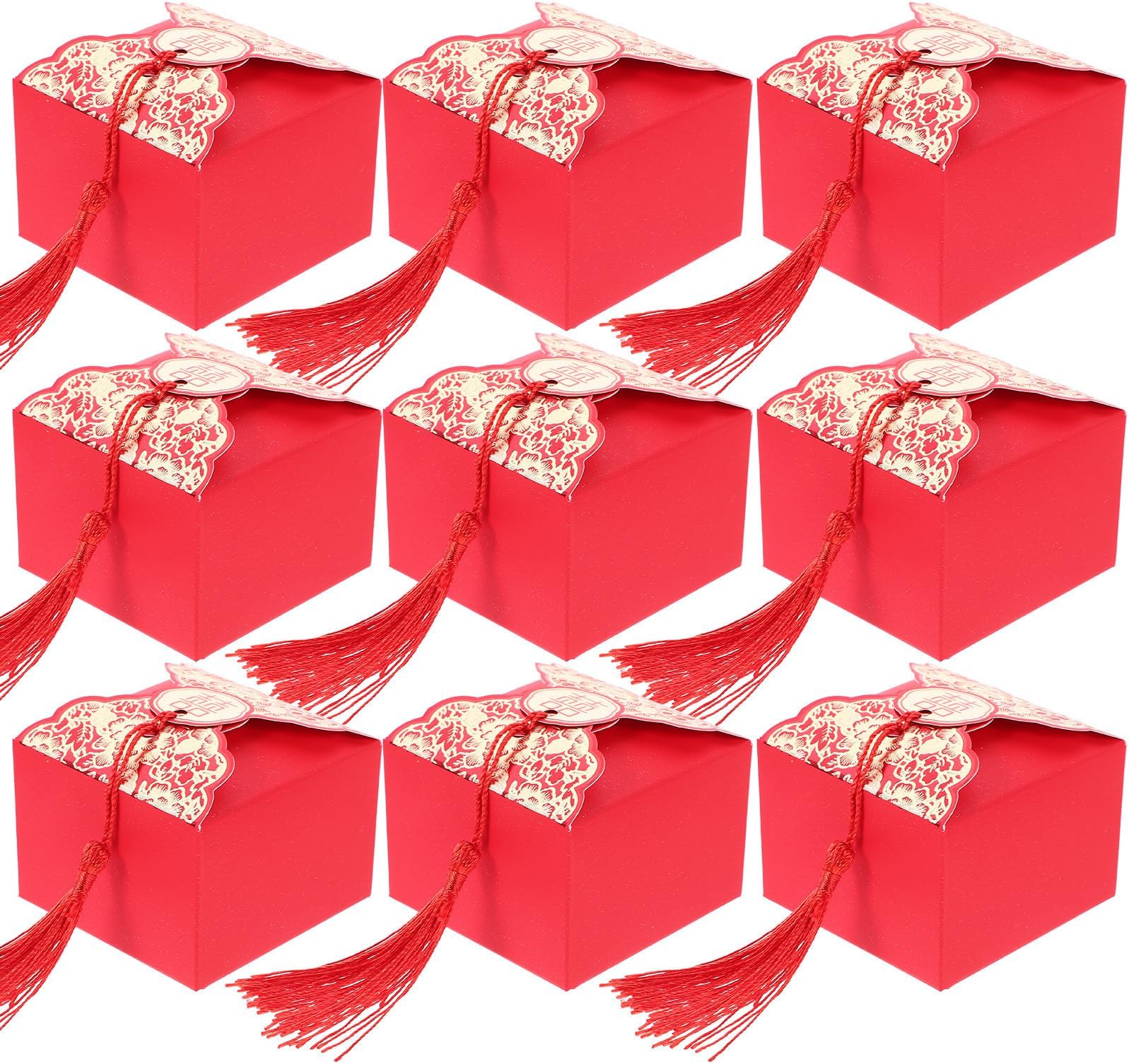 Mikikit Chinese Style Wedding Candy Boxes with Tassels 20Pcs - Portable Candy Case for Party Favors and Bridal Shower Treats 2.55X2.55X1.77 Inch