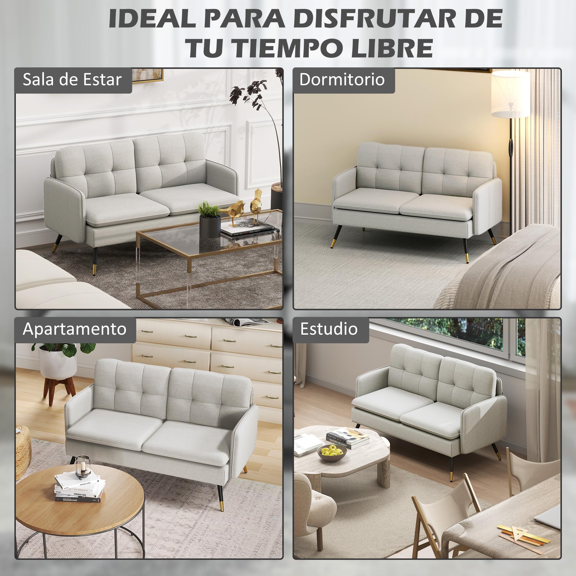 HOMCOM Sofá de 2 Plazas Tapizado en Lino Sofá de Salón 139 cm con Cojines Reposabrazos y Patas de Acero para Dormitorio Oficina Carga 240 kg Crema