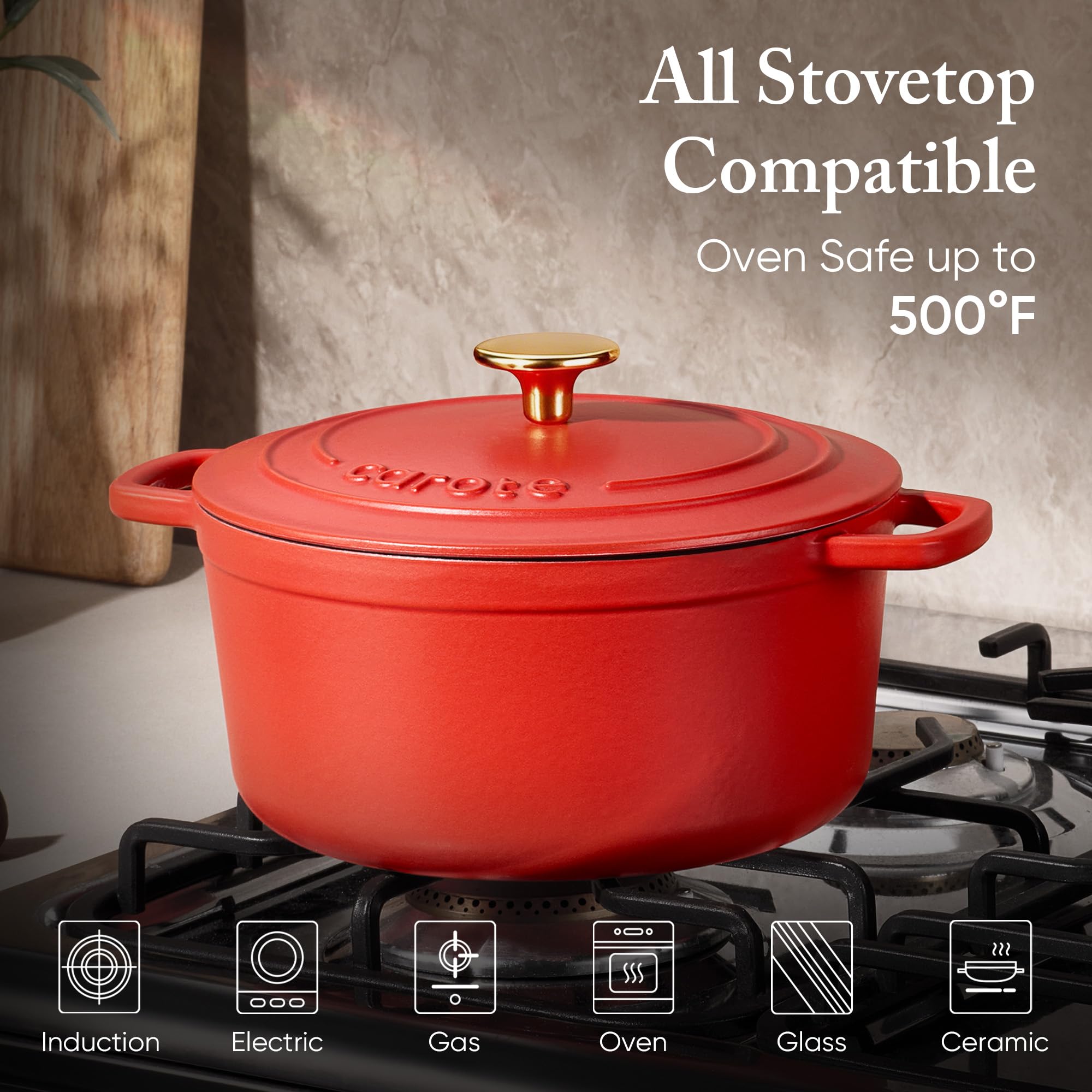 CAROTE Schmortopf aus emailliertem Gusseisen mit Deckel, 4 QT Dutch Ovens, robuster Gusseisentopf zum Backen, Schmoren, Eintöpfen, Braten, gesund und ungiftig, Doppelgriffe, alle Herdplatten