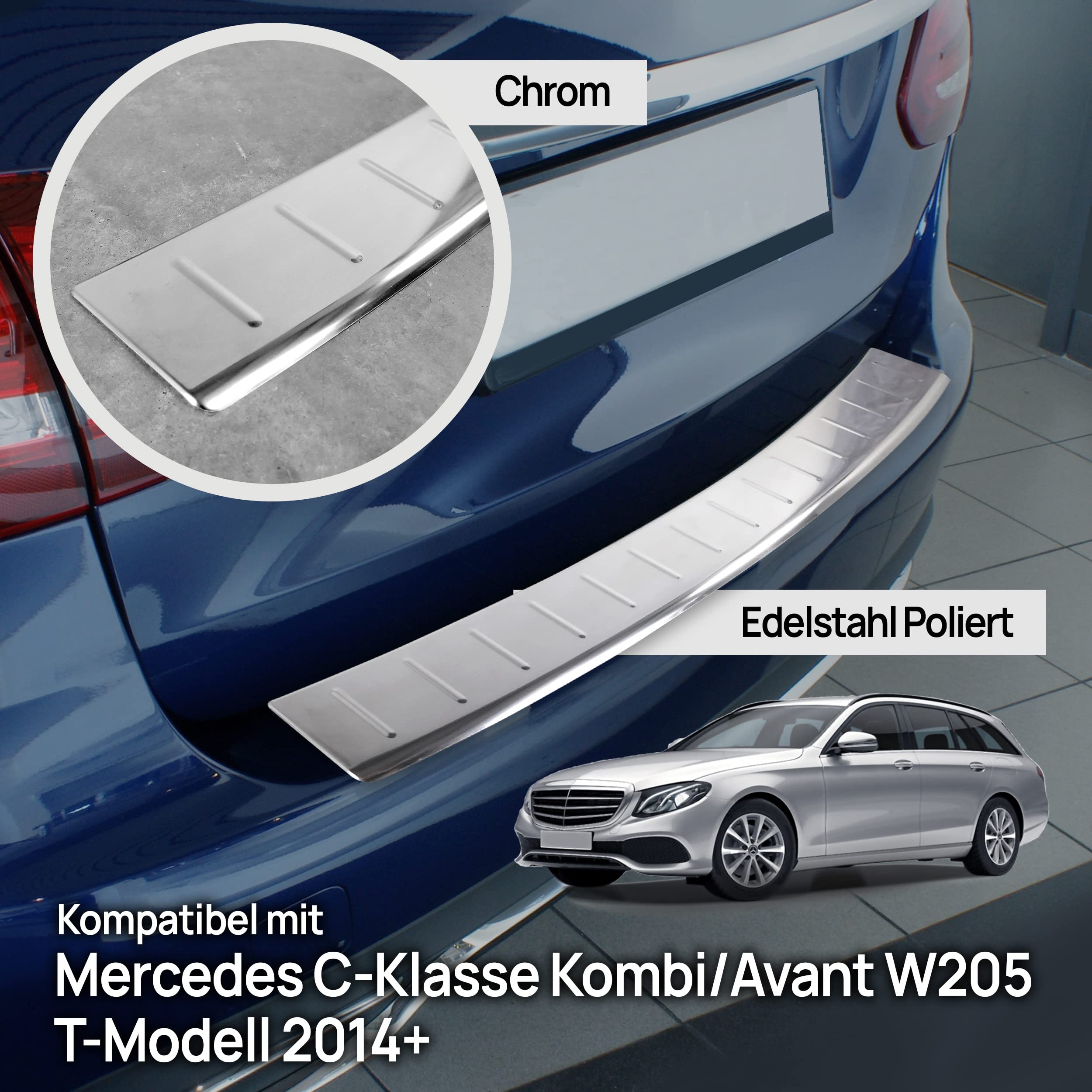 CHROMEMASTER | Ladekantenschutz Stoßstangenschutz Kompatibel mit Mercedes C-Klasse Kombi W205 T-Modell 2014-; Edelstahl Poliert/Chrom; Unsere Lackschutzleiste Sichert den Heckstoßfänger vor Kratzern