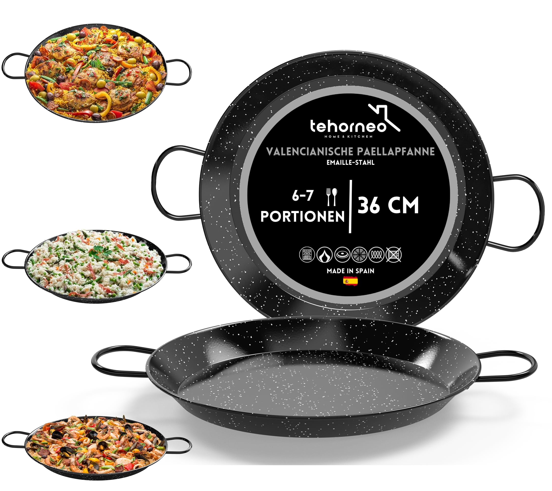 TEHORNEO Paella Pfanne Induktion, Paella Pfanne 36 cm Emaillierter Stahl 6-7 Portionen, Paellapfanne, Paella Grill, Paellera Geeignet für Induktion, Feuer und Vitrokeramik