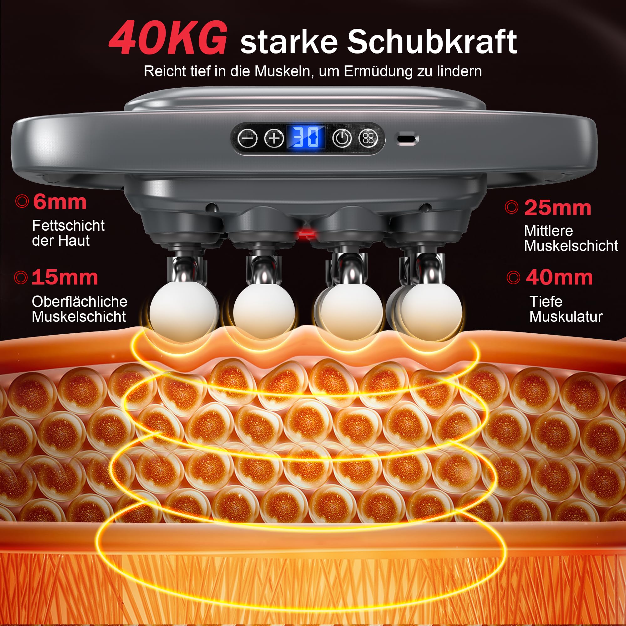 16-Kopf Massagepistole, 3 Massagemodi mit Rotlicht | 30 einstellbare Geschwindigkeiten, zur Linderung von Muskelverspannungen und Müdigkeit für Rücken, Taille, Oberschenkel