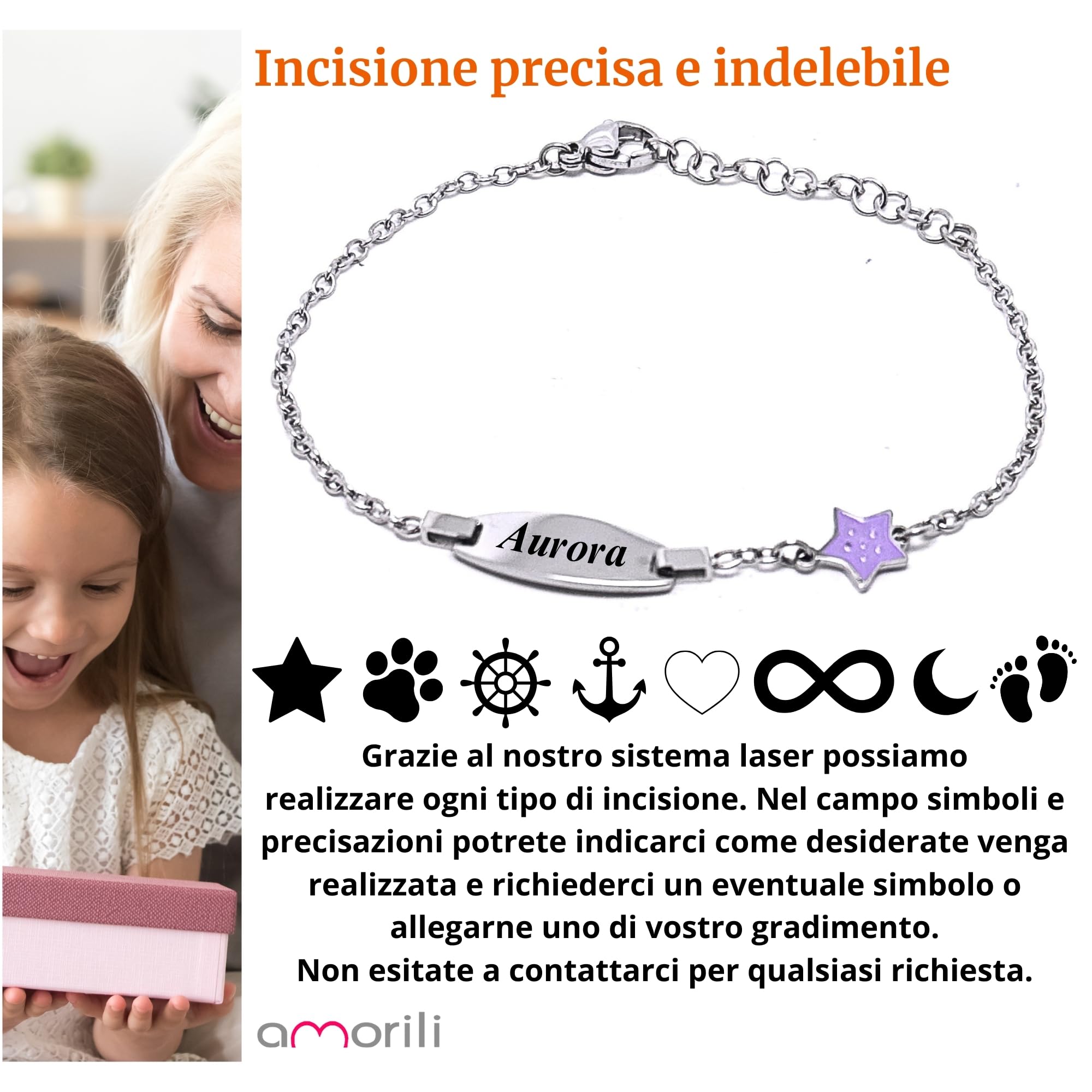 amorili Bracciale Bambina con Stellina Personalizzabile – Acciaio Inox Anallergico – Idea Regalo Battesimo, Compleanno, Nascita – Made in Italy bcc3106