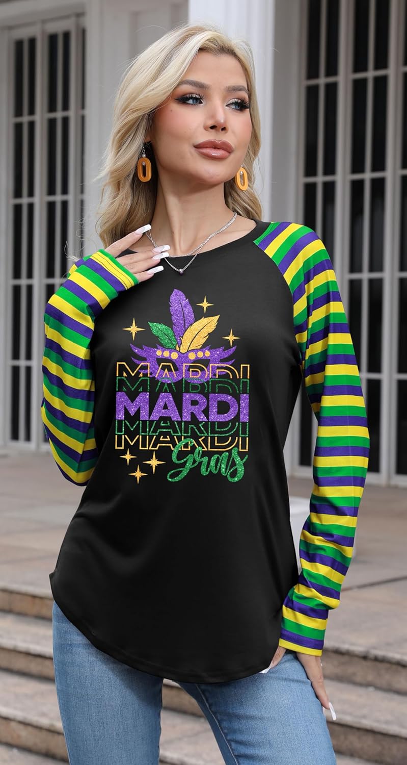Mardi Shirts for Women: Carnival Glitter Mask Graphic T Shirt Mardi Outfit Fat Tuesday Long Sleeve Tops - Image 2
