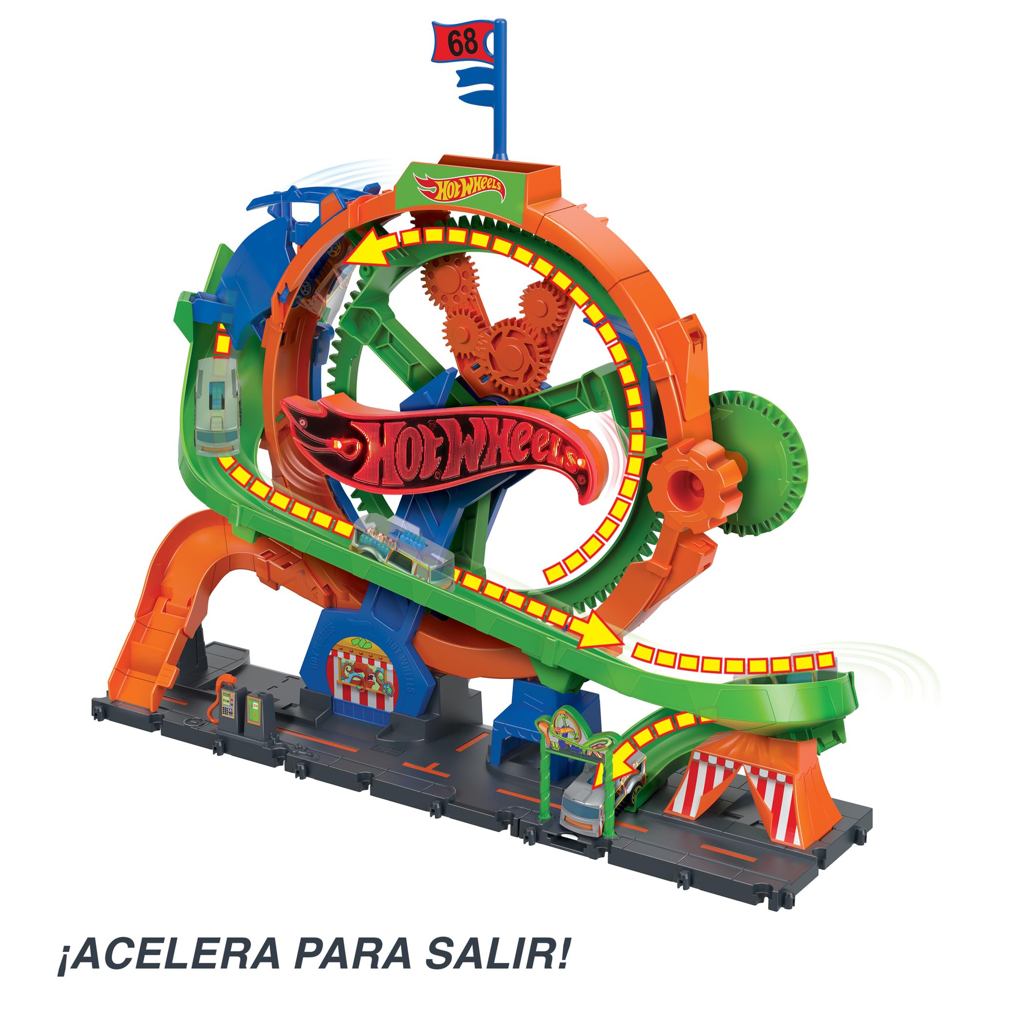 Hot Wheels City Rueda de la Fortuna Whirl, Pista para Coches de Juguete con Noria con Luces y Sonidos, Incluye 1 vehículo Die-Cast a Escala 1:64, Regalo para niños y niñas +5 años, HKX46