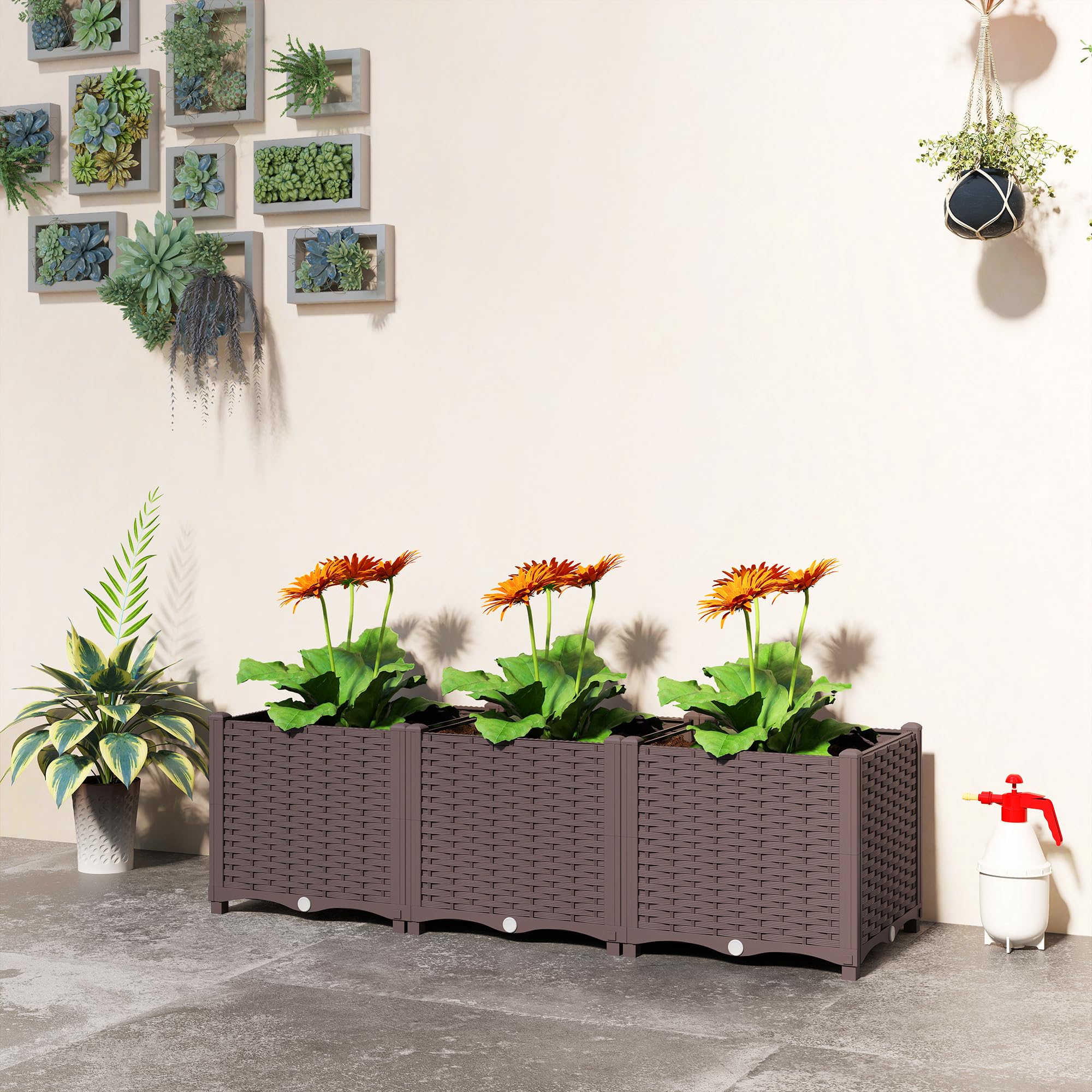 Outsunny Jardinière surélevée, lit de Jardin en Plastique, jardinières Auto-irrigantes avec Trous de Drainage et Bouchons, Montage Facile pour légumes, Fleurs, Herbes, 120 x 40 x 37 cm, Marron