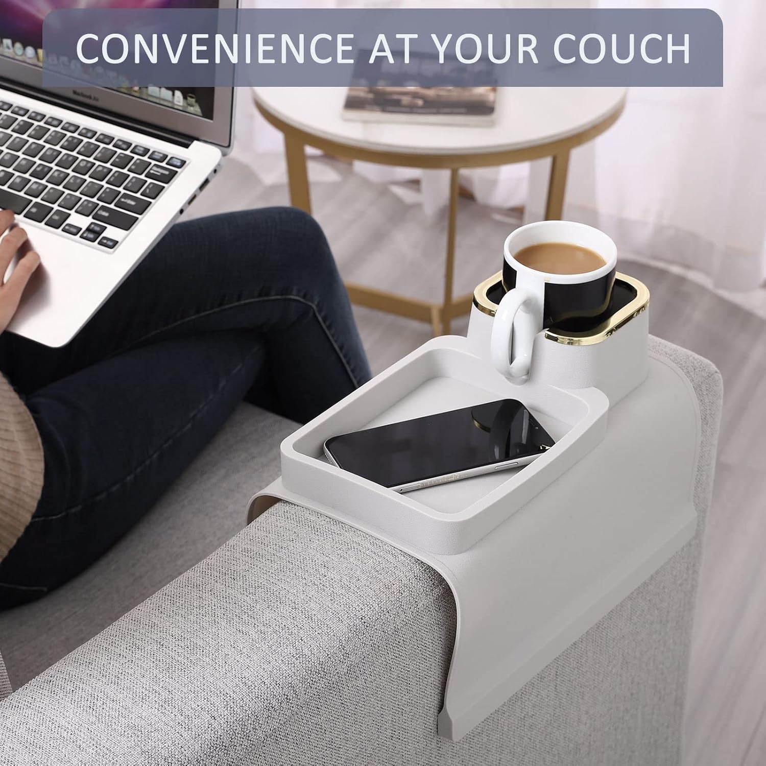 HMASYO Couch Cup Holder Tray - Silicone Sofa Armrest Table Couch Drink Holder and Tray Organizer for Remote Snacks Cellphone, Anti-Spill Anti-Slip Design, Mother`s Day Gifts for Mom Grandma