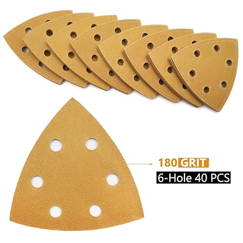 Miniatura 3 de LYFJXX Papel de lija triangular, juego de 40 piezas de papel de arena oscilante con gancho y bucle, 6 agujeros, lijadora de grano 180 para pulir
