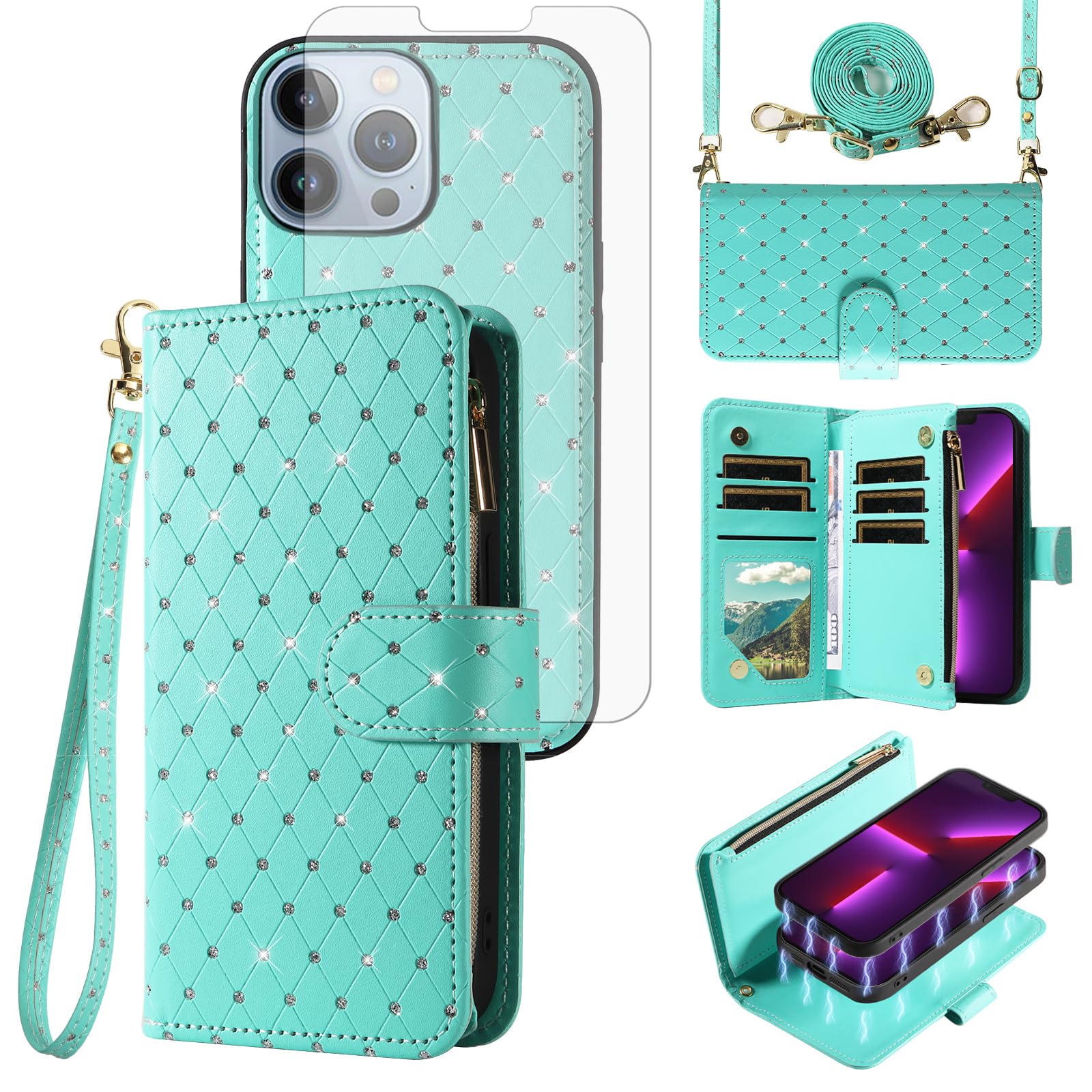 Étui portefeuille iPhone 13 Pro chic en vert pailleté de luxe - 8