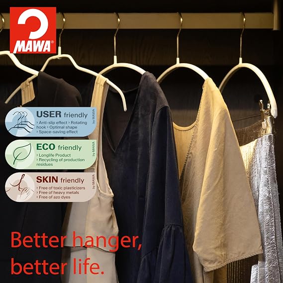 MAWA by Reston Lloyd, Euro Ultra-Thin Series, Non-Slip Space-Saving Clothes Hanger Style 40/PT for T-Shirts, Blouse, Sun Dresses, 360-degree Rotatable Hook, Set of 20, Latte