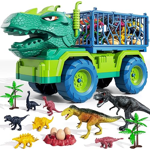 TEMI Dinosaur Truck Toys for Kids 3-5 Years, Tyrannosaurus Transport Car Carrier Truck with 8 Dinosaur Figures, Activity Play Mat, Dinosaur Eggs, Trees, Capture Jurassic Play Set for Boys and Girls