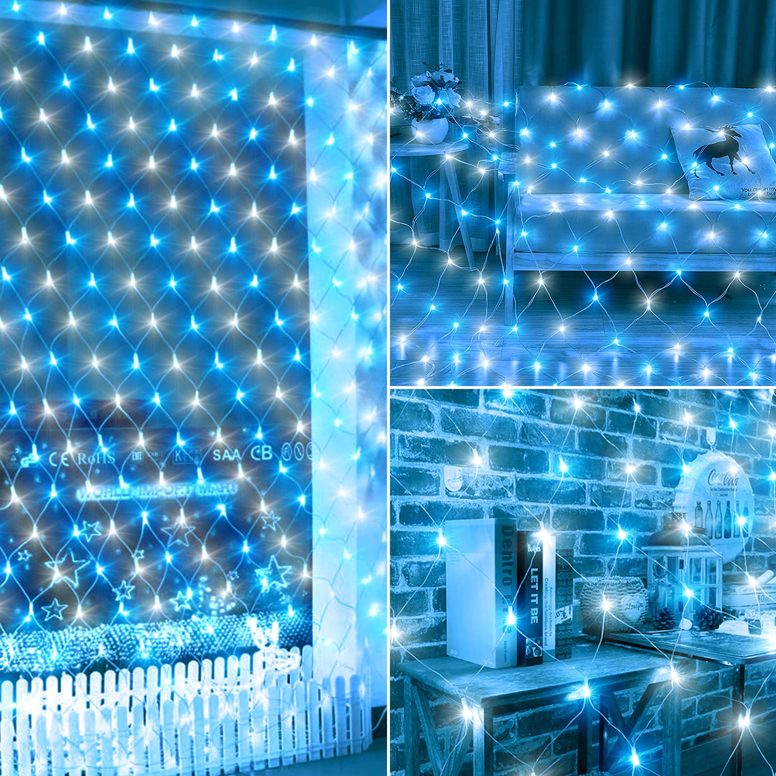CORST 3 x 2 m 200 LED Filet lumineux Rideau intérieur,Buissons Guirlande lumineuse,Connectable avec télécommande et minuterie 8 modes (bleu+blanc)