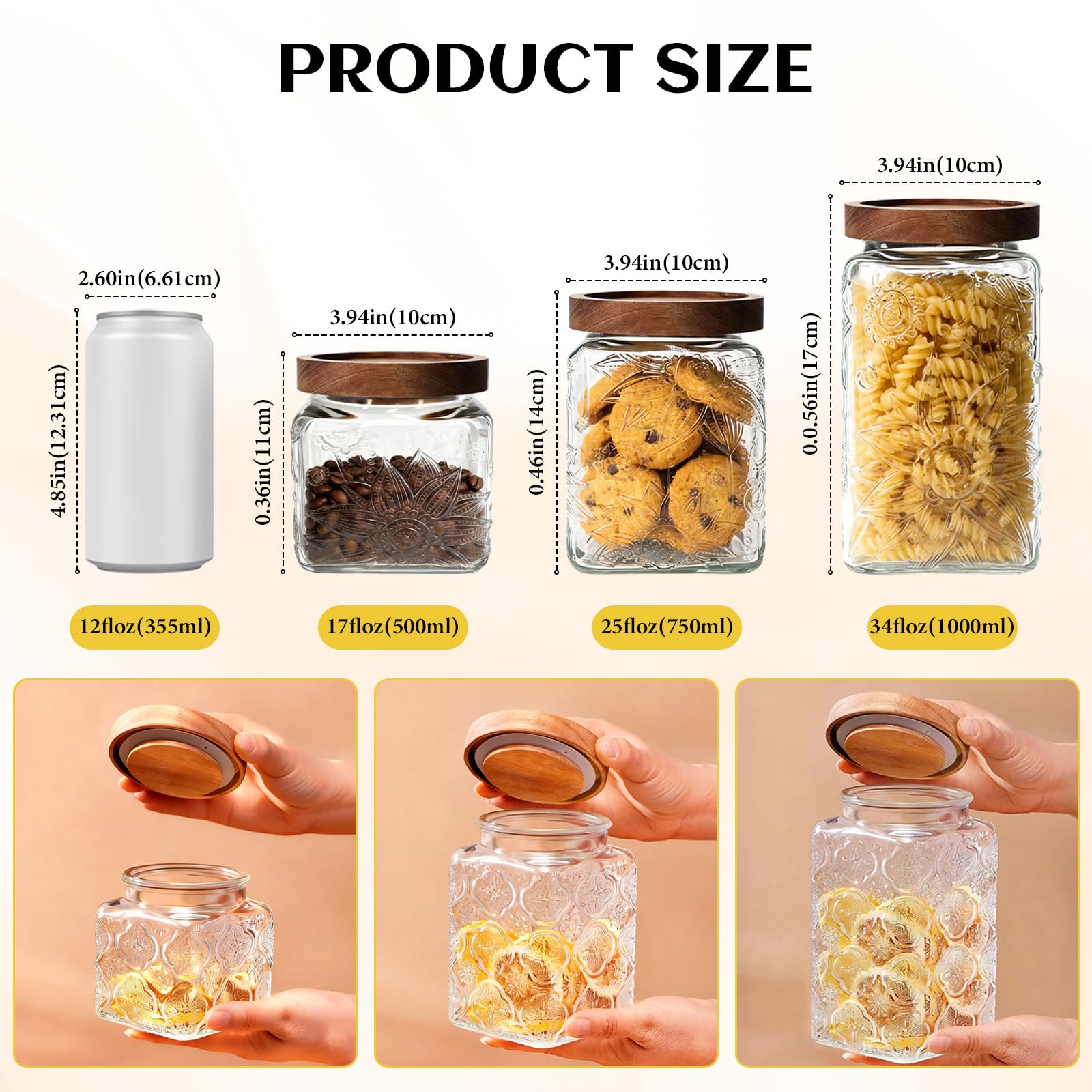 Barattoli in vetro con coperchio ermetico, confezione da 3 barattoli quadrati da cucina retrò, contenitori decorativi a bocca larga per biscotti, bustine di tè, chicchi di caffè, snack, dolci, avena