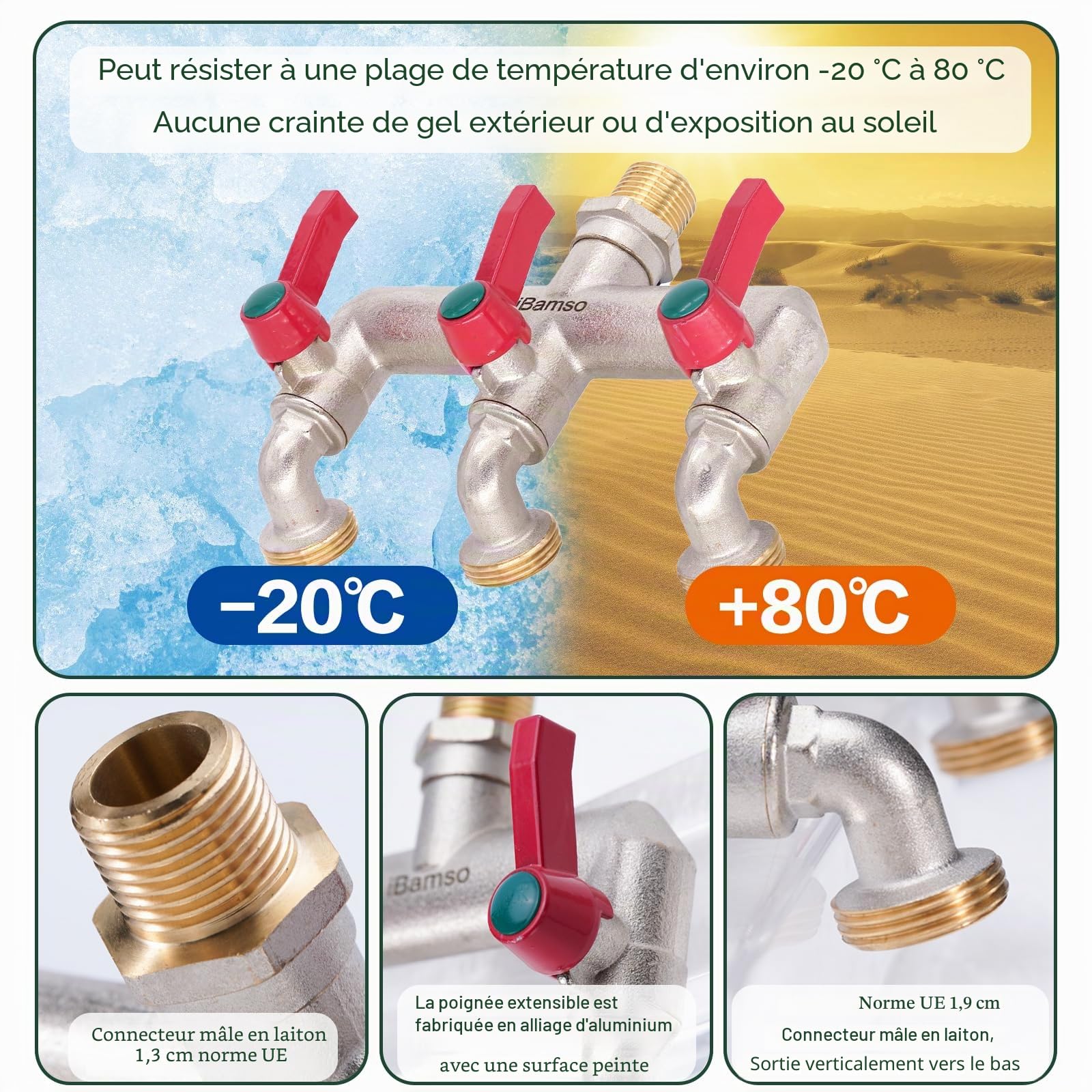 Robinet 3 voies, robinet de jardin et répartiteur 2 en 1, distributeur de robinet en laiton avec poignée allongée, entrée 1/2" et trois sorties 3/4" avec adaptateur de robinet marche/arrêt
