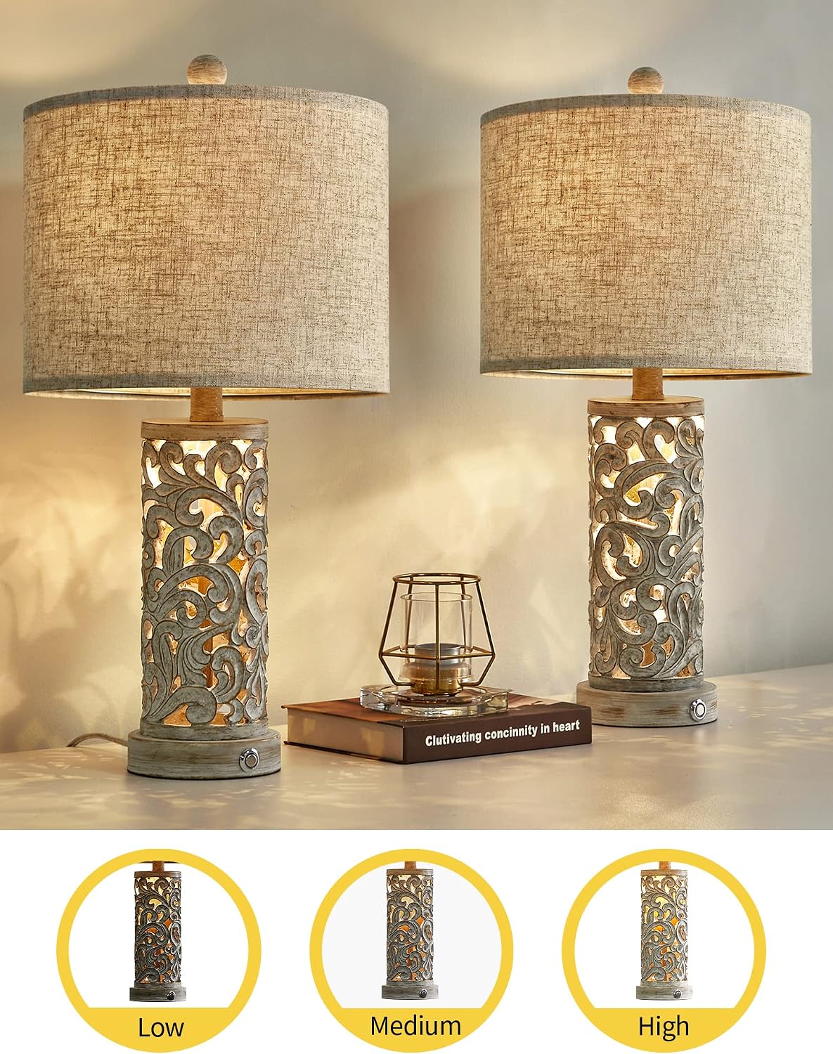 OYEASRS 3-Way Dimmable 22'' Table Lamp Set of 2 for Living Room Bedroom Boho 19" RattanTable Lamp