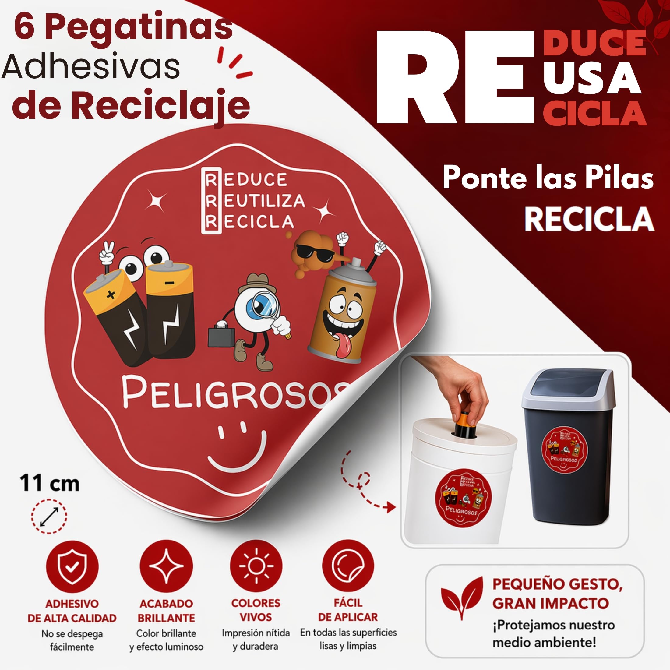 Pack 6 Pegatinas Reciclaje Basura ESPAÑOL Ø11 cm | Pegatinas Cubo Basura | Etiquetas Adhesivas reciclaje | Vinilo para reciclar en Cocina, Oficina, Colegios - Didacticas, Acabado brillo