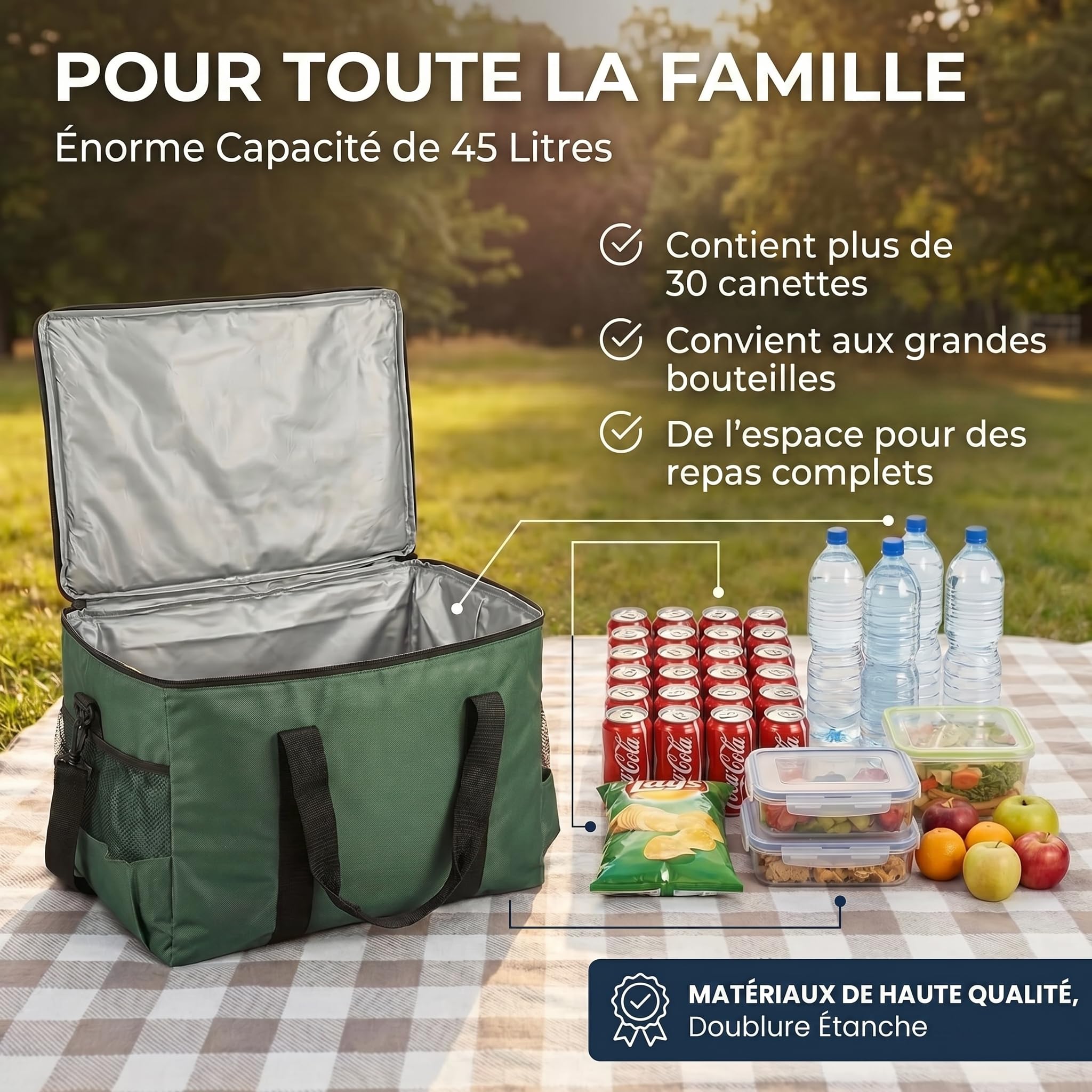XXL Sac Isotherme iolé pour Boissons & Snacks, Sac Pique-Nique pour Camping Voyage Vacances 25 ou 45 litres