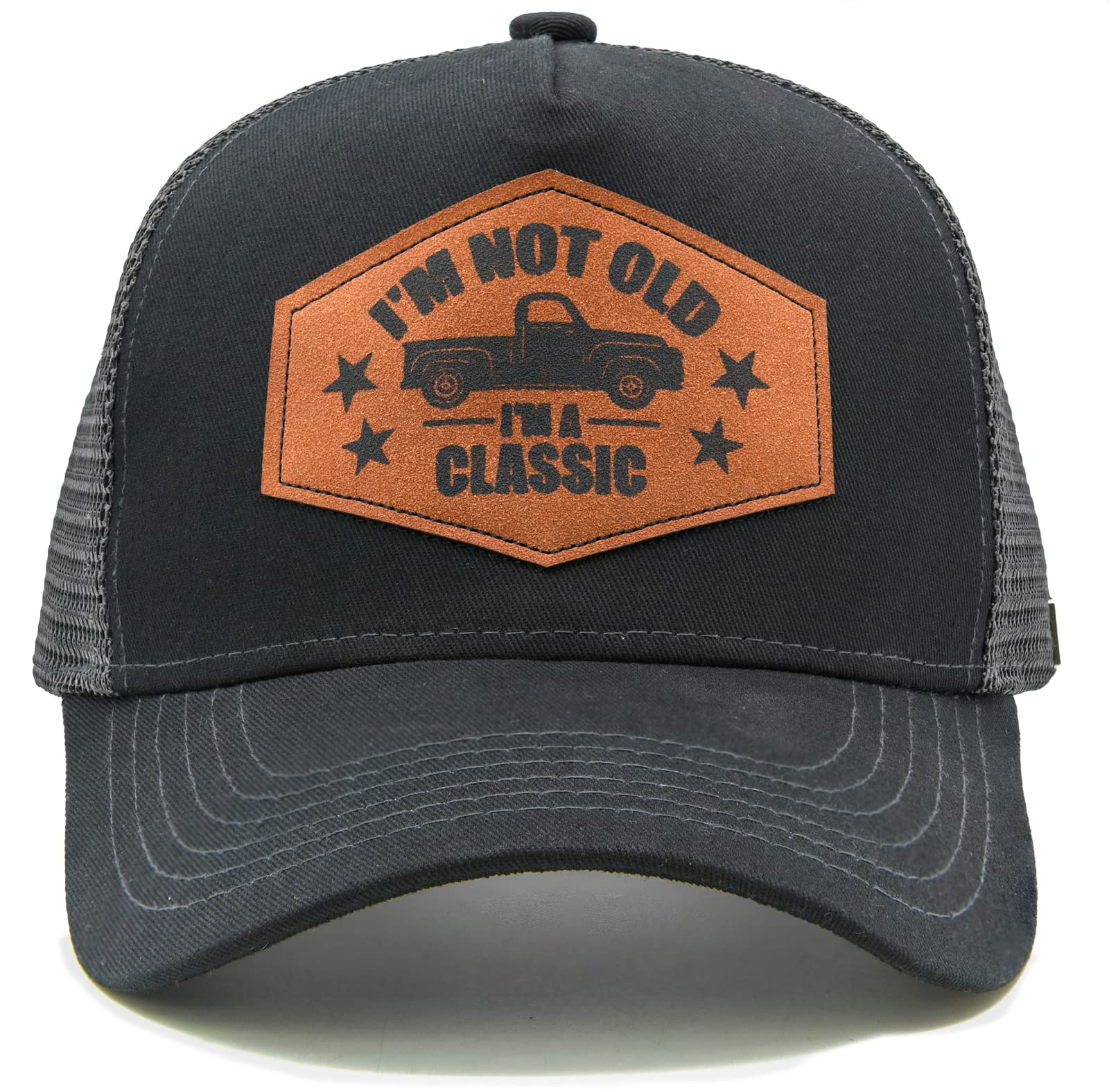 WaldealI'm Not Old I'm Classic Trucker Hat, Leather Patch Series Baseball Cap- Fathers Day & Birthday Gifts for Dad/Papa from Daughter & Son Black