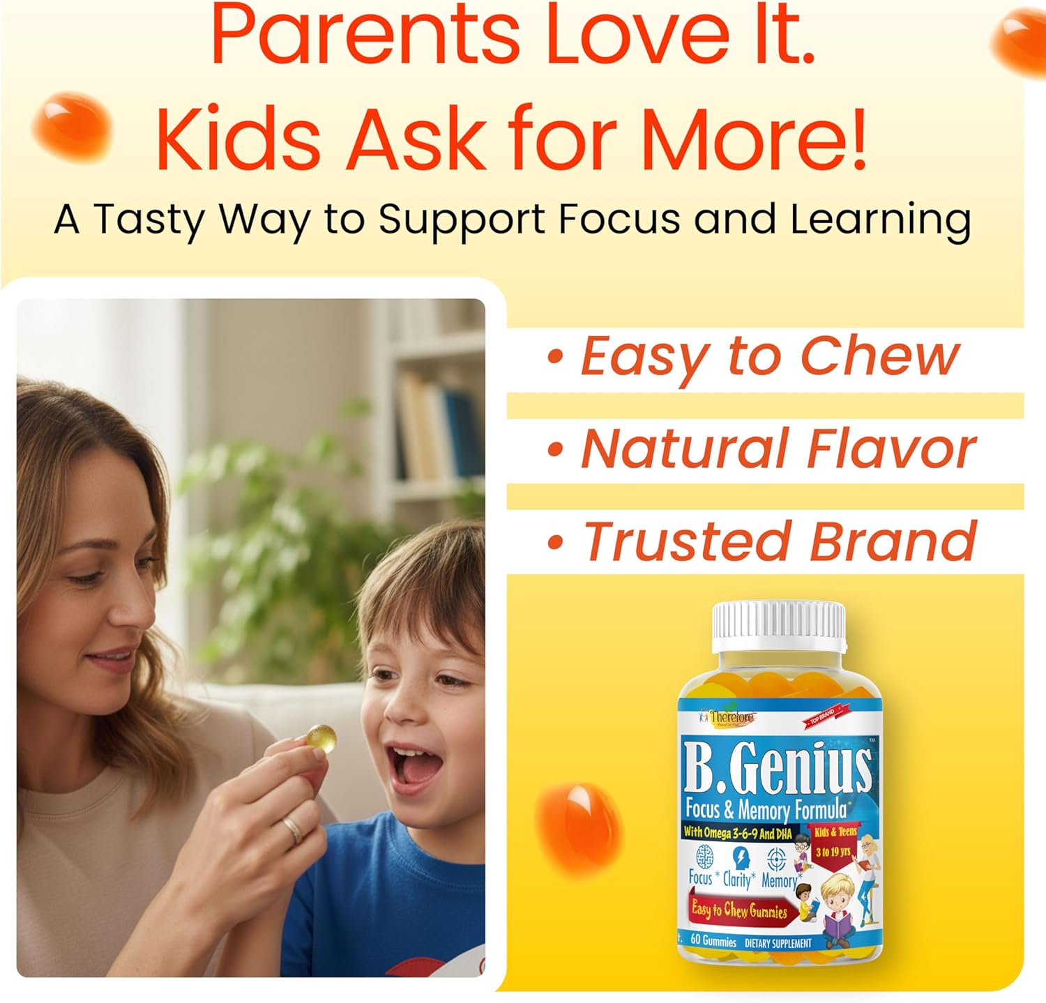 B.Genius Focus Gummies for Kids & Teens – Kids Focus and Attention Supplements – Memory & Concentration –Plant-Based Focus Supplement for Clarity, Learning & Cognitive Health-60ct
